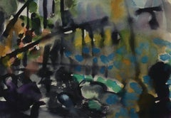 Sunflowers and Horses in Field, 20th Century Landscape Watercolor