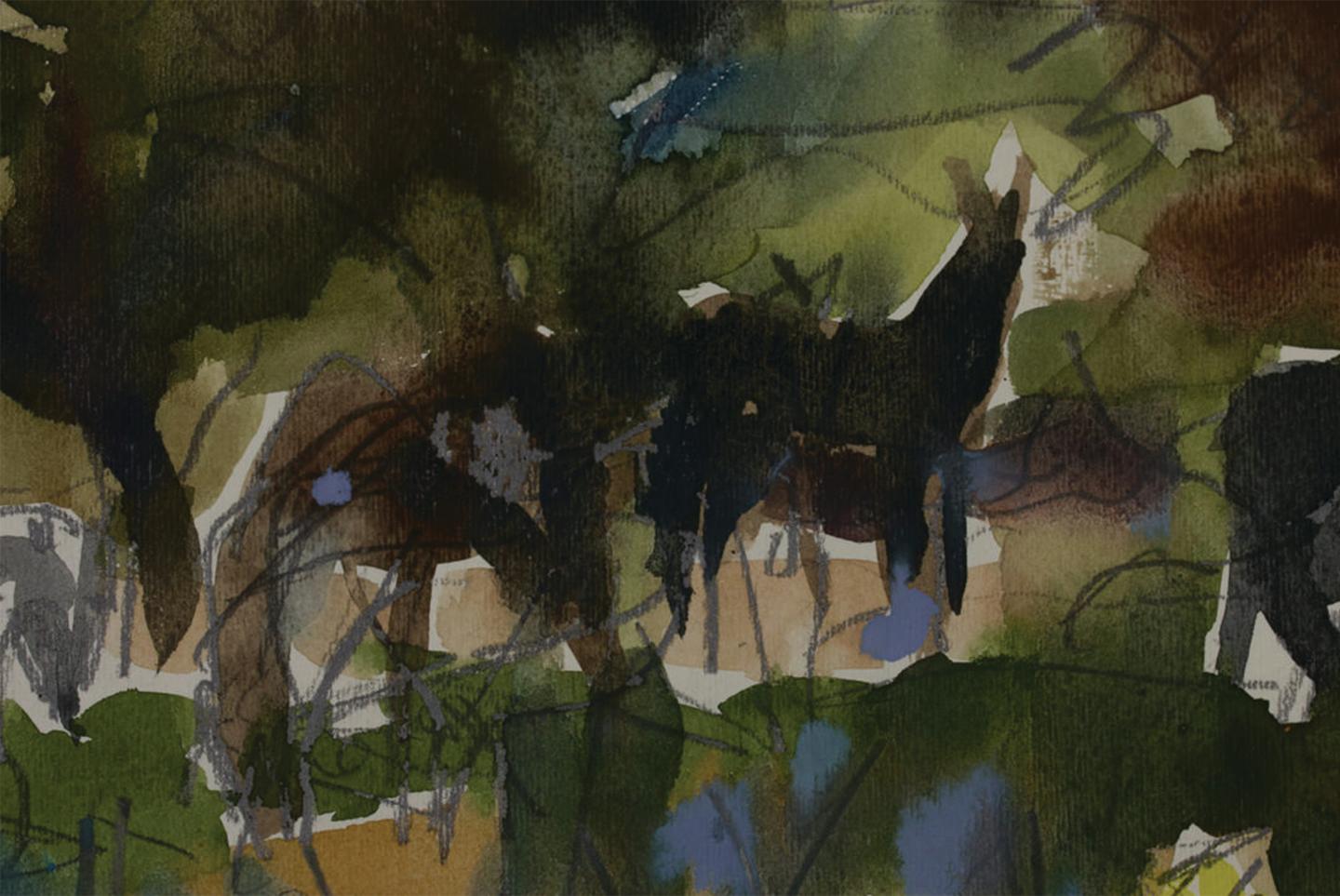 Pferde in Landschaft, Aquarell des Künstlers der Cleveland School des späten 20. Jahrhunderts – Art von Joseph O'Sickey