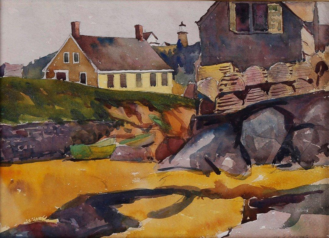 Village de Beachside, Maine, aquarelle de paysage du 20e siècle, Cleveland School - Art de George G. Adomeit
