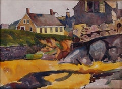Villaggio sulla spiaggia, Maine, acquerello paesaggistico del XX secolo, Scuola di Cleveland