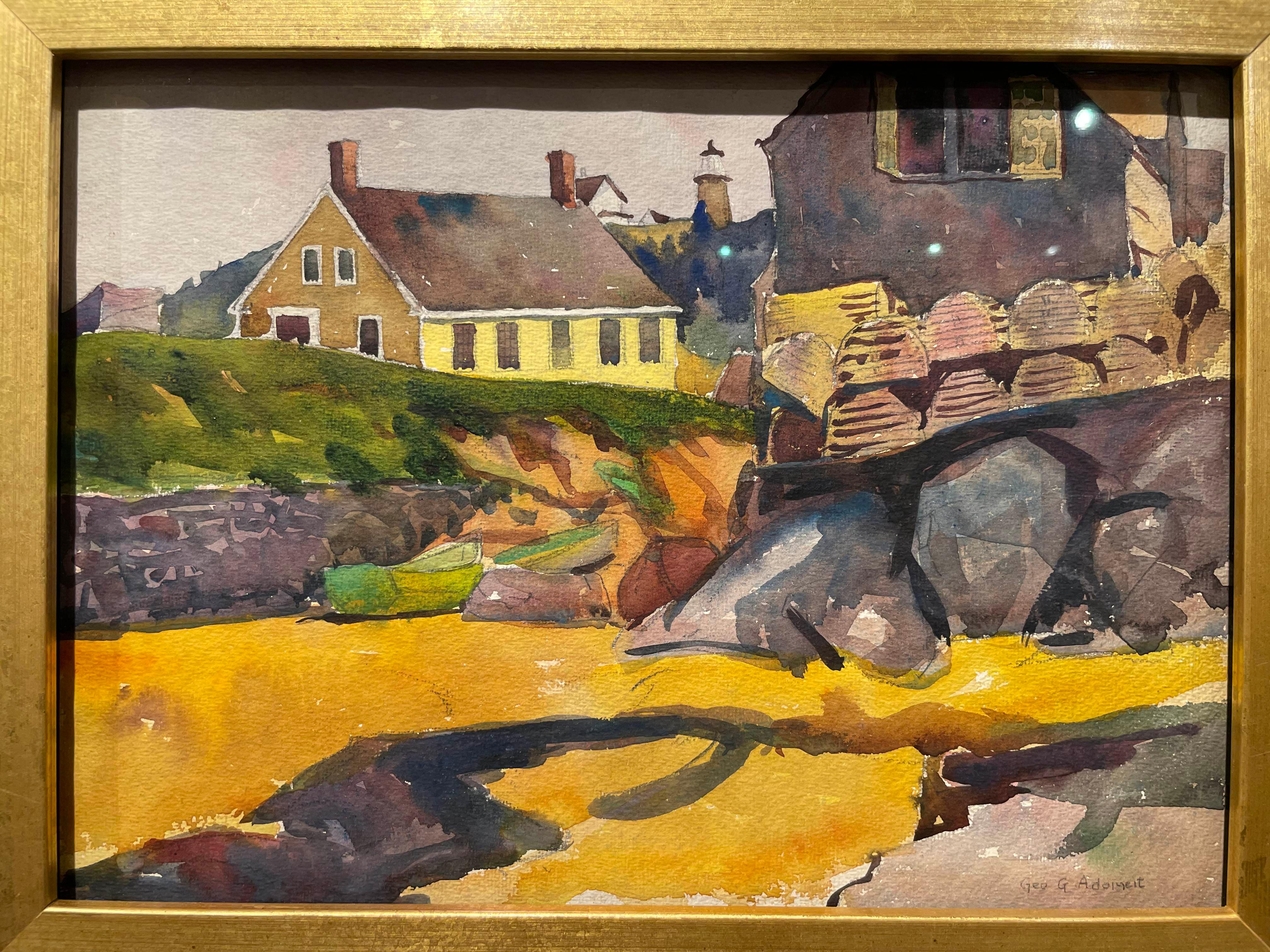 Beachside Village, Maine, 20th century landscape watercolor, Cleveland School For Sale 1