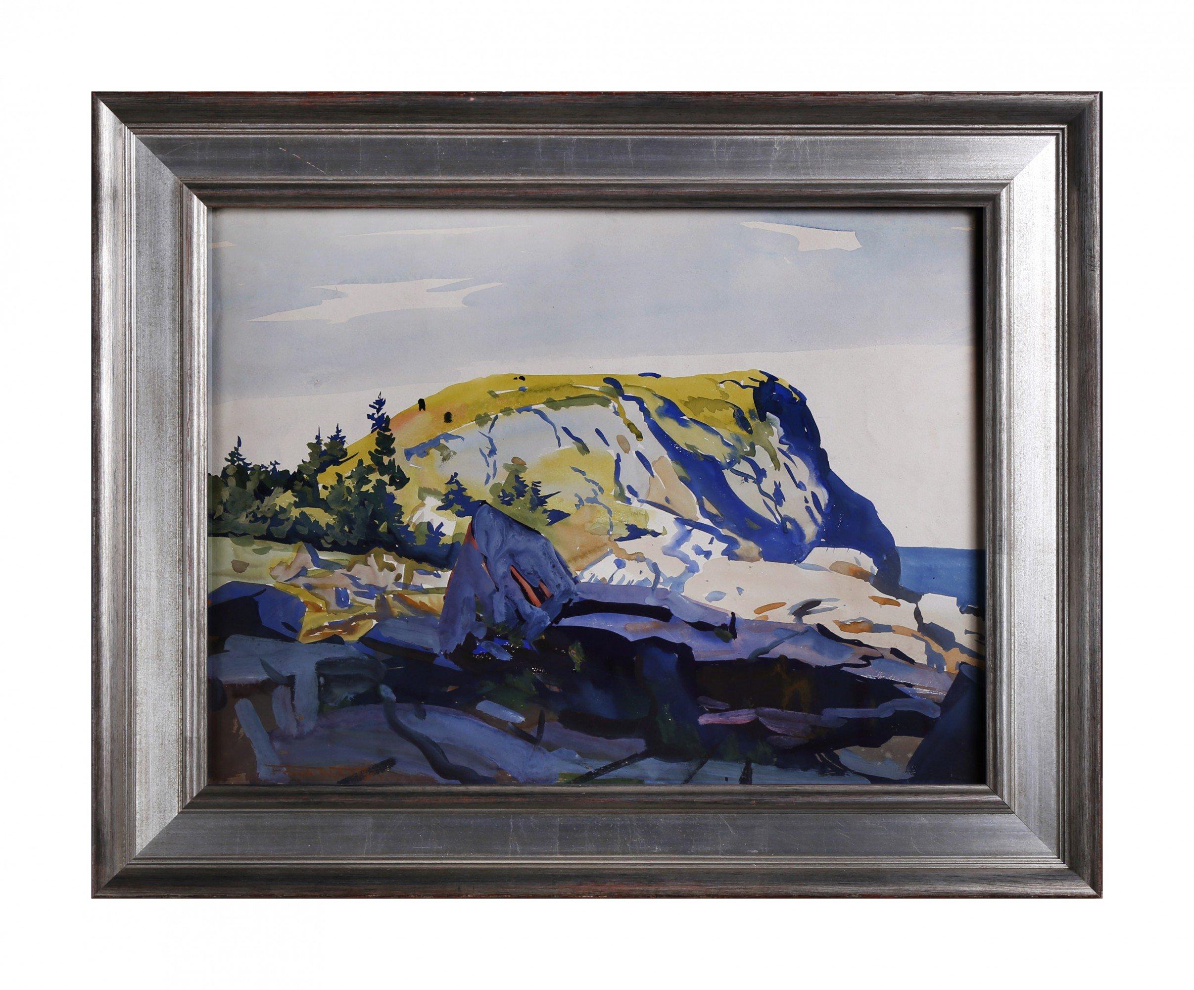 Headland & Rocks, White Island, Maine, Aquarell des frühen 20. Jahrhunderts – Art von Frank Wilcox
