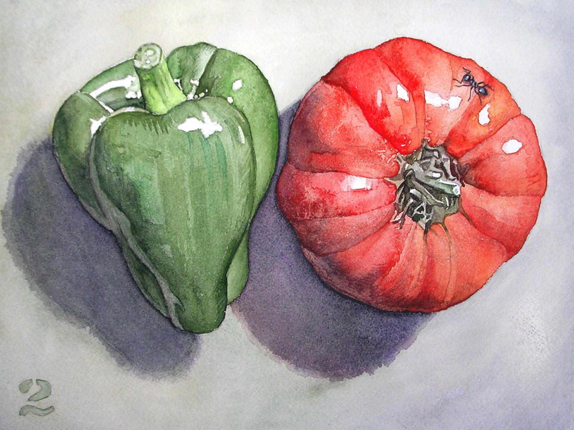 George Mauersberger Figurative Art – Gemüsestillleben Nr. 2, Contemporary Aquarell von Ohio trompe l'oeil Künstler