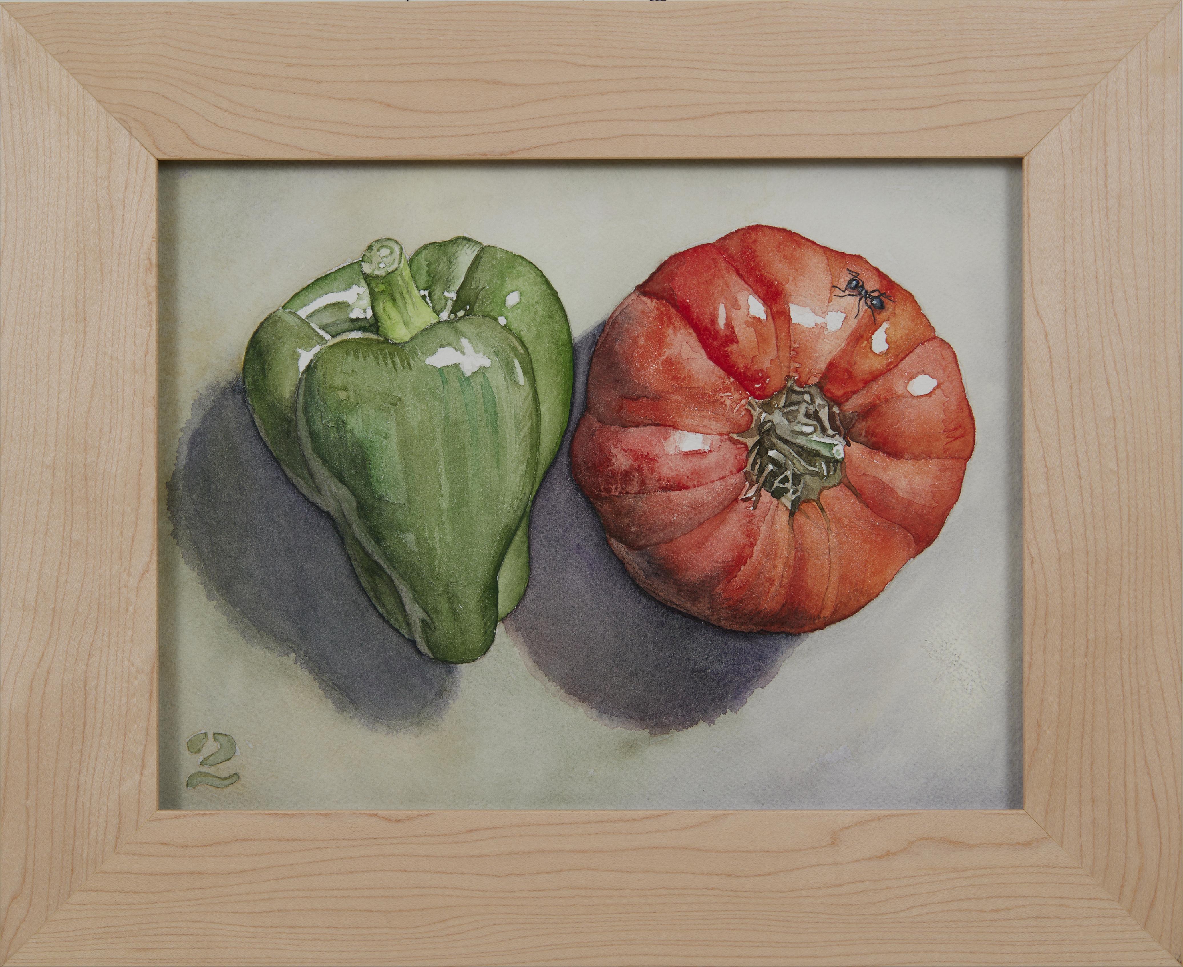 Gemüsestillleben Nr. 2, Contemporary Aquarell von Ohio trompe l'oeil Künstler – Art von George Mauersberger