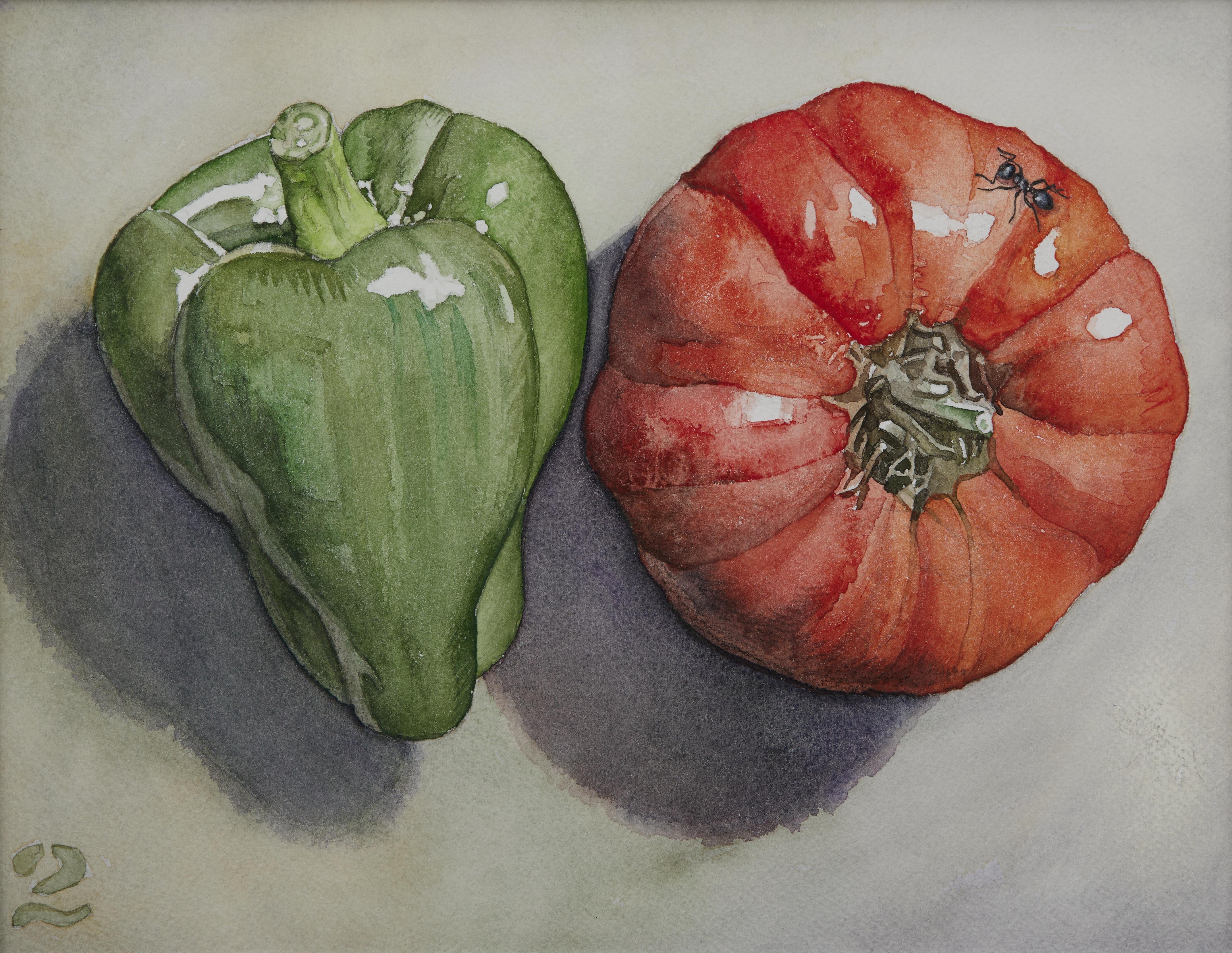 Vegetable Still Life No. 2, Contemporary watercolor by Ohio trompe l'oeil artist - Photorealist Art by George Mauersberger