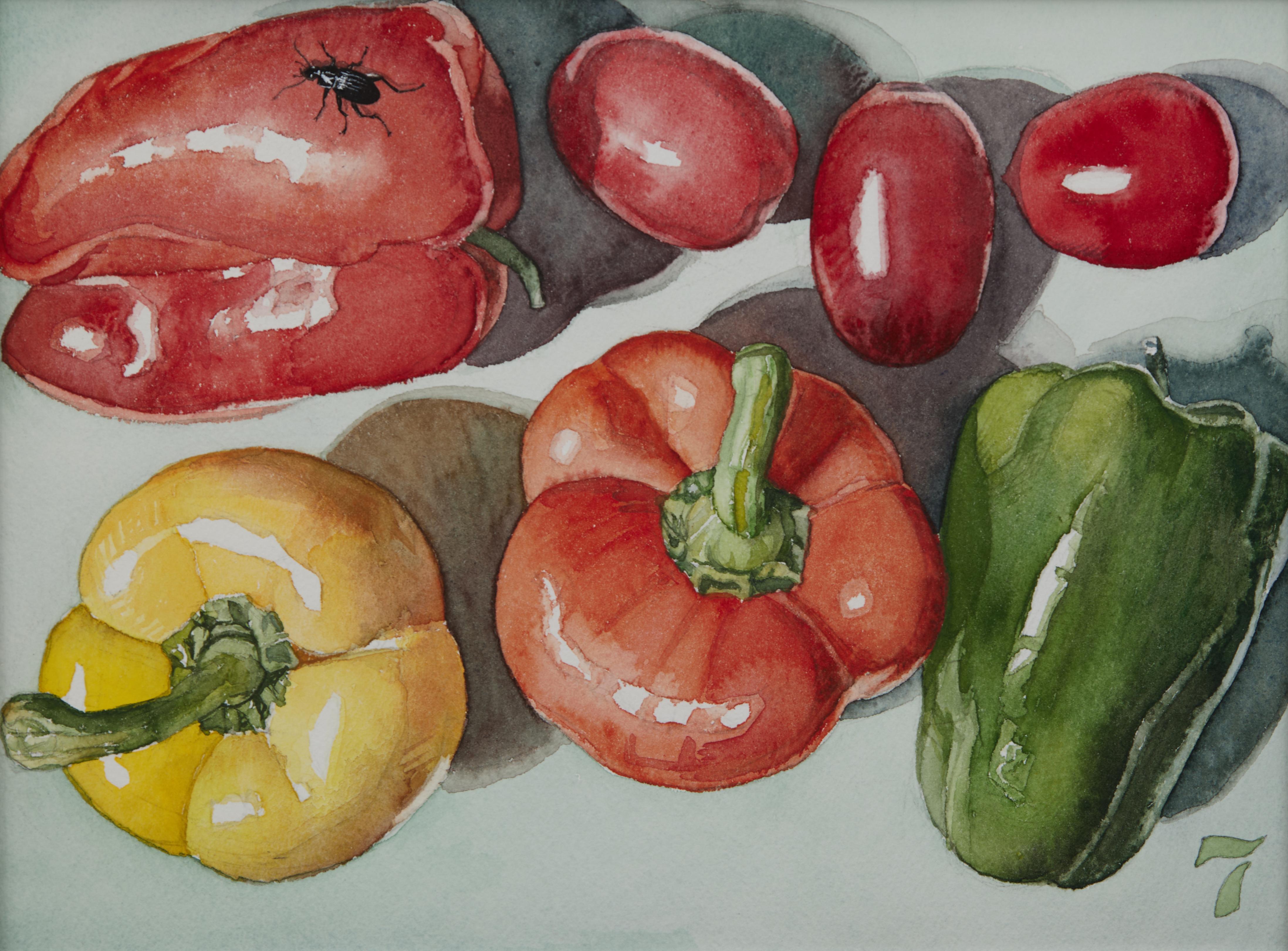 Nature morte aux légumes n° 7, Aquarelle contemporaine de l'artiste en trompe l'Oeil de l'Ohio - Photoréalisme Art par George Mauersberger