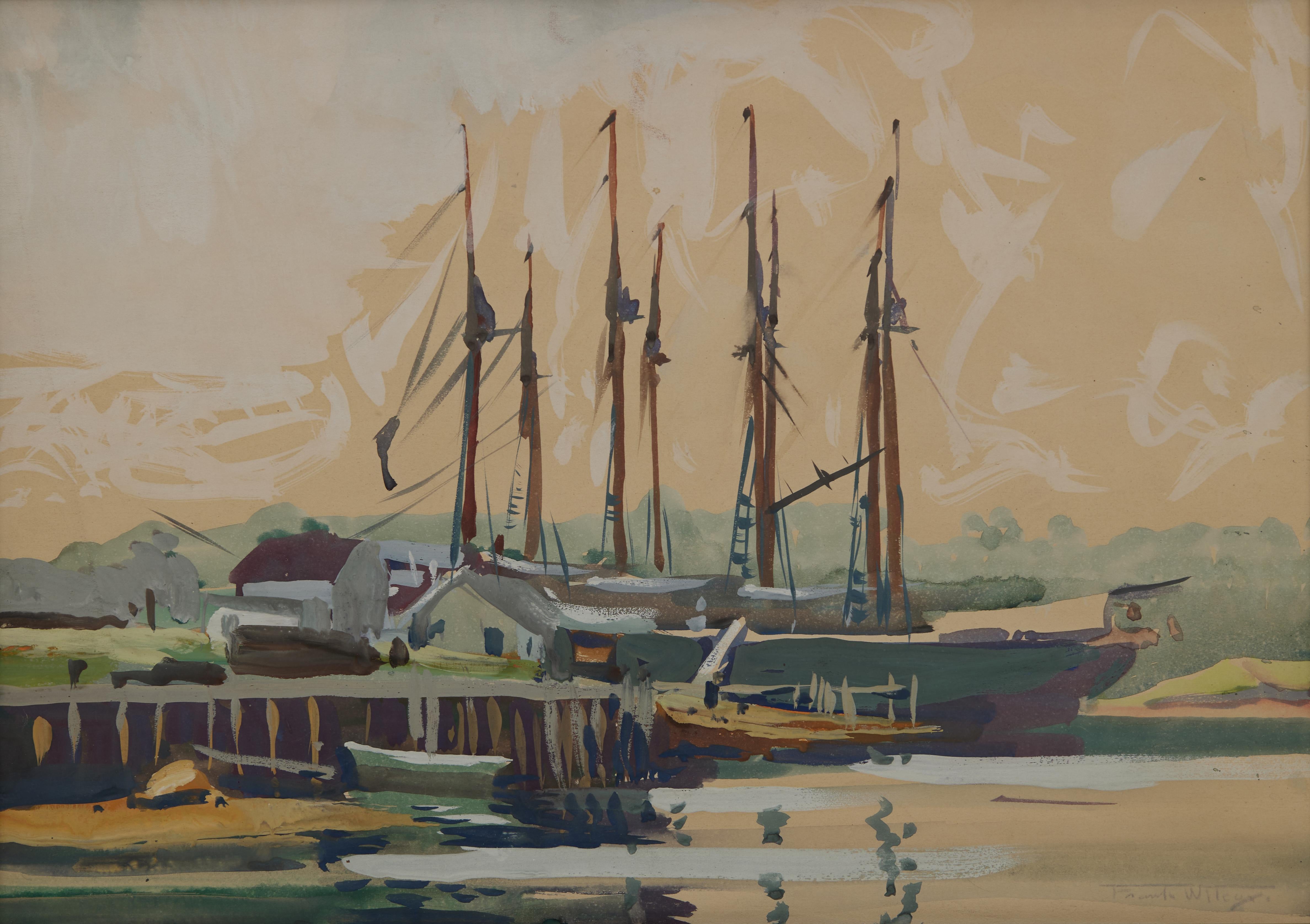 Goélette, Boothbay Harbor, Maine, Début du 20e siècle Aquarelle de paysage marin - Modernisme américain Painting par Frank Wilcox