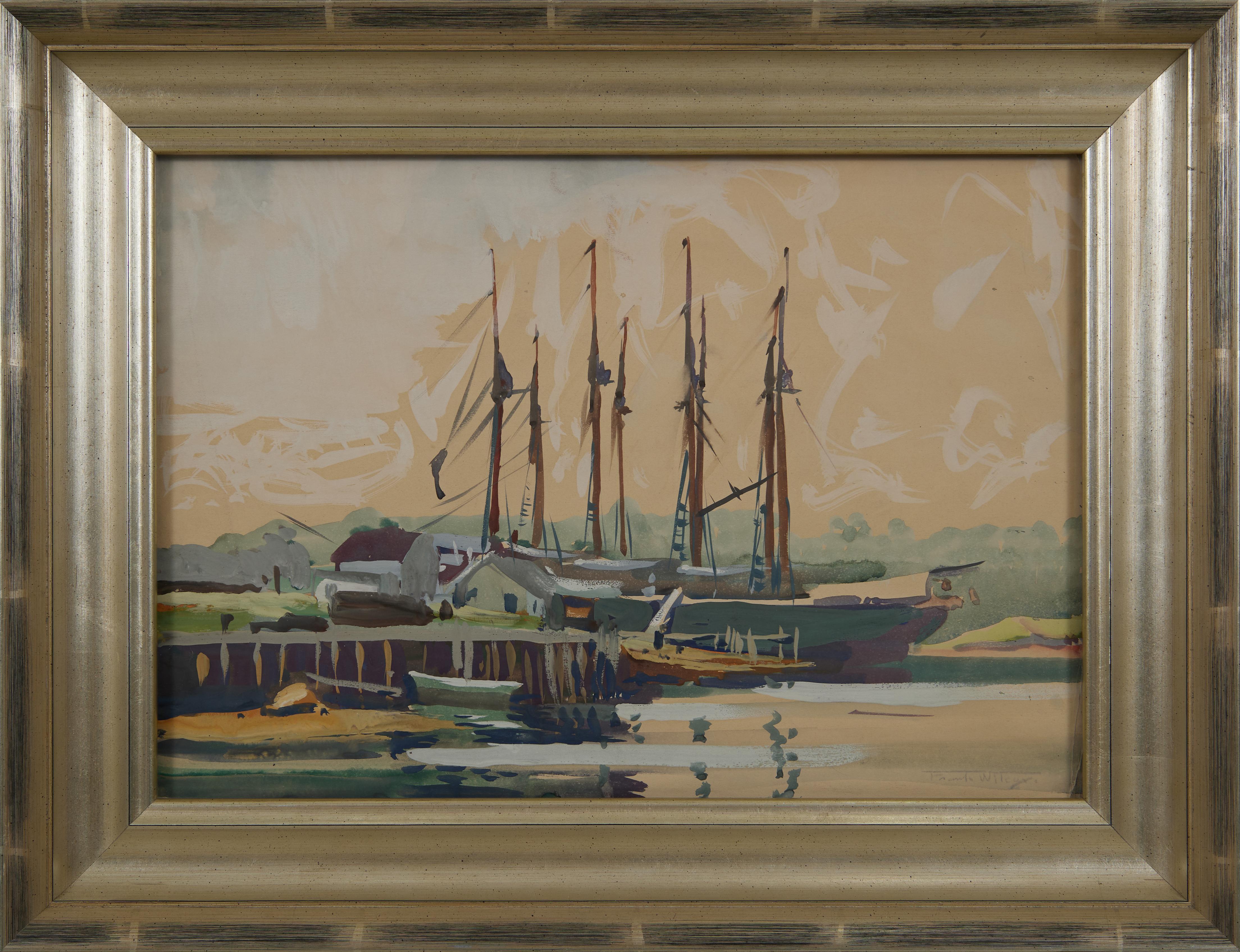 Schooner, Boothbay Harbor, Maine, Meereslandschaft, Aquarell des frühen 20. Jahrhunderts – Painting von Frank Wilcox