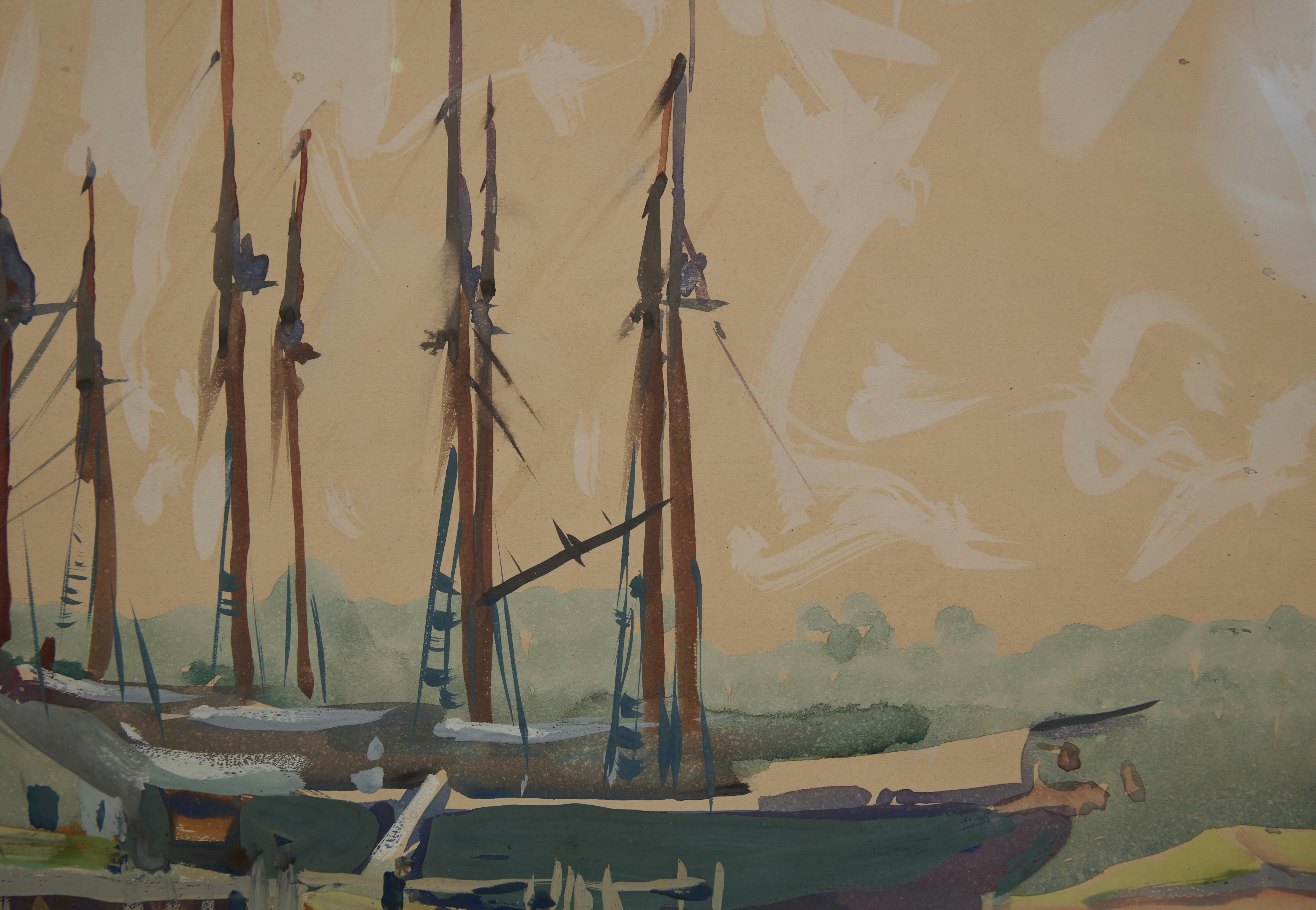 Schooner, Boothbay Harbor, Maine, Meereslandschaft, Aquarell des frühen 20. Jahrhunderts im Angebot 3