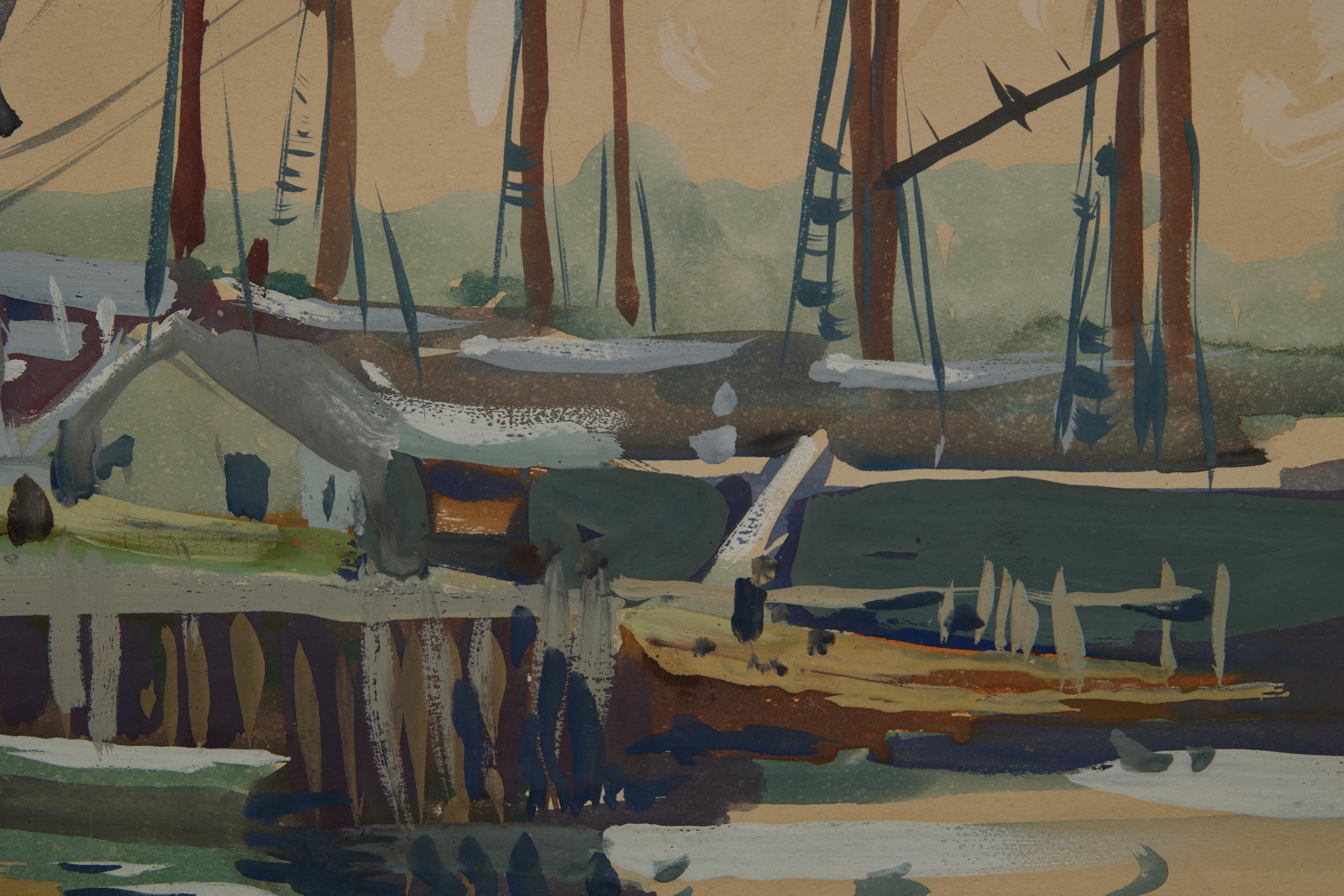 Schooner, Boothbay Harbor, Maine, Meereslandschaft, Aquarell des frühen 20. Jahrhunderts im Angebot 1