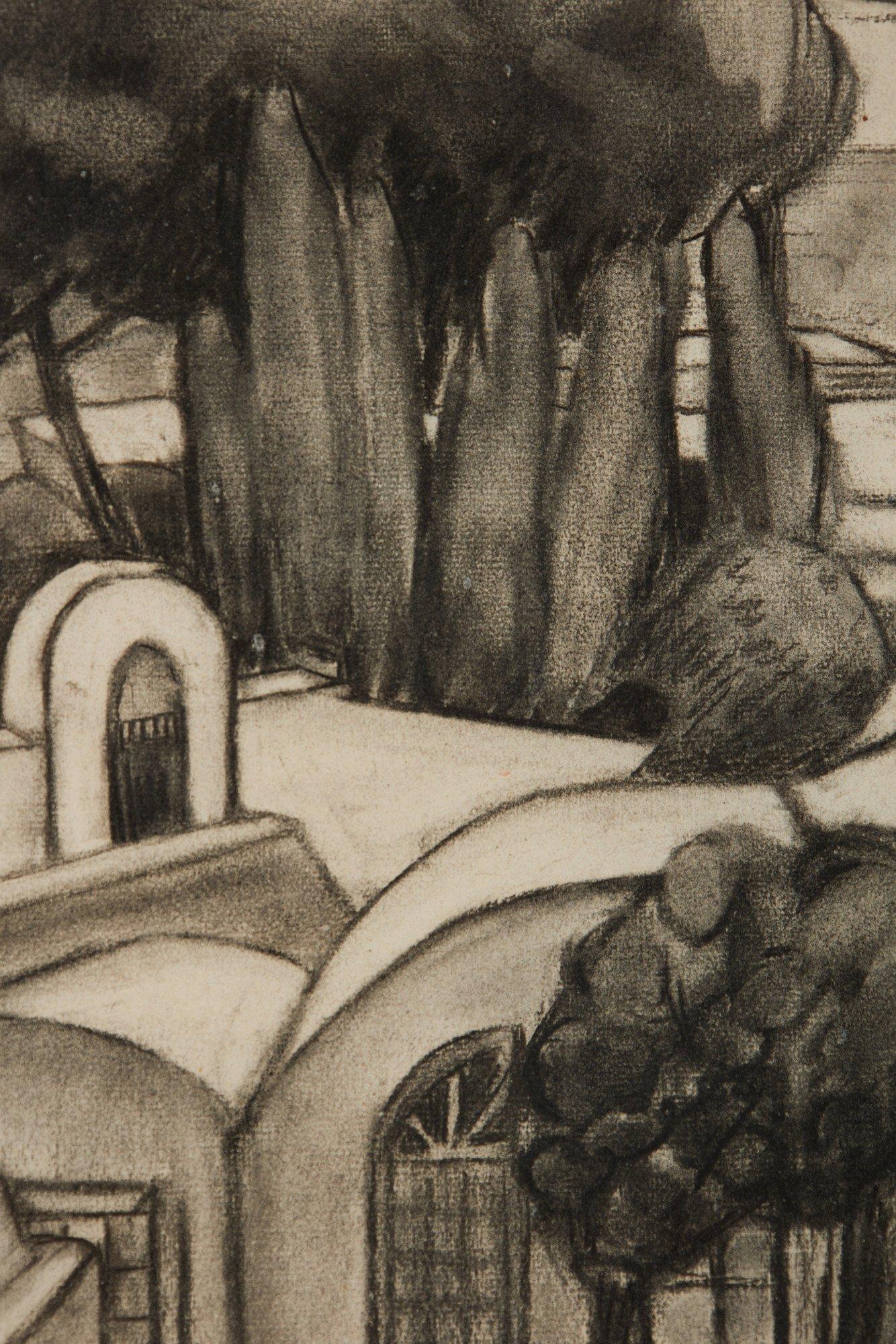 Villa Giardino, 20th Century Charcoal Drawing by Cleveland School Female Artist For Sale 1