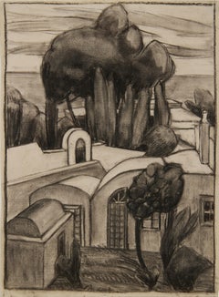 Villa Giardino, 20th Century Charcoal Italian Landscape Drawing