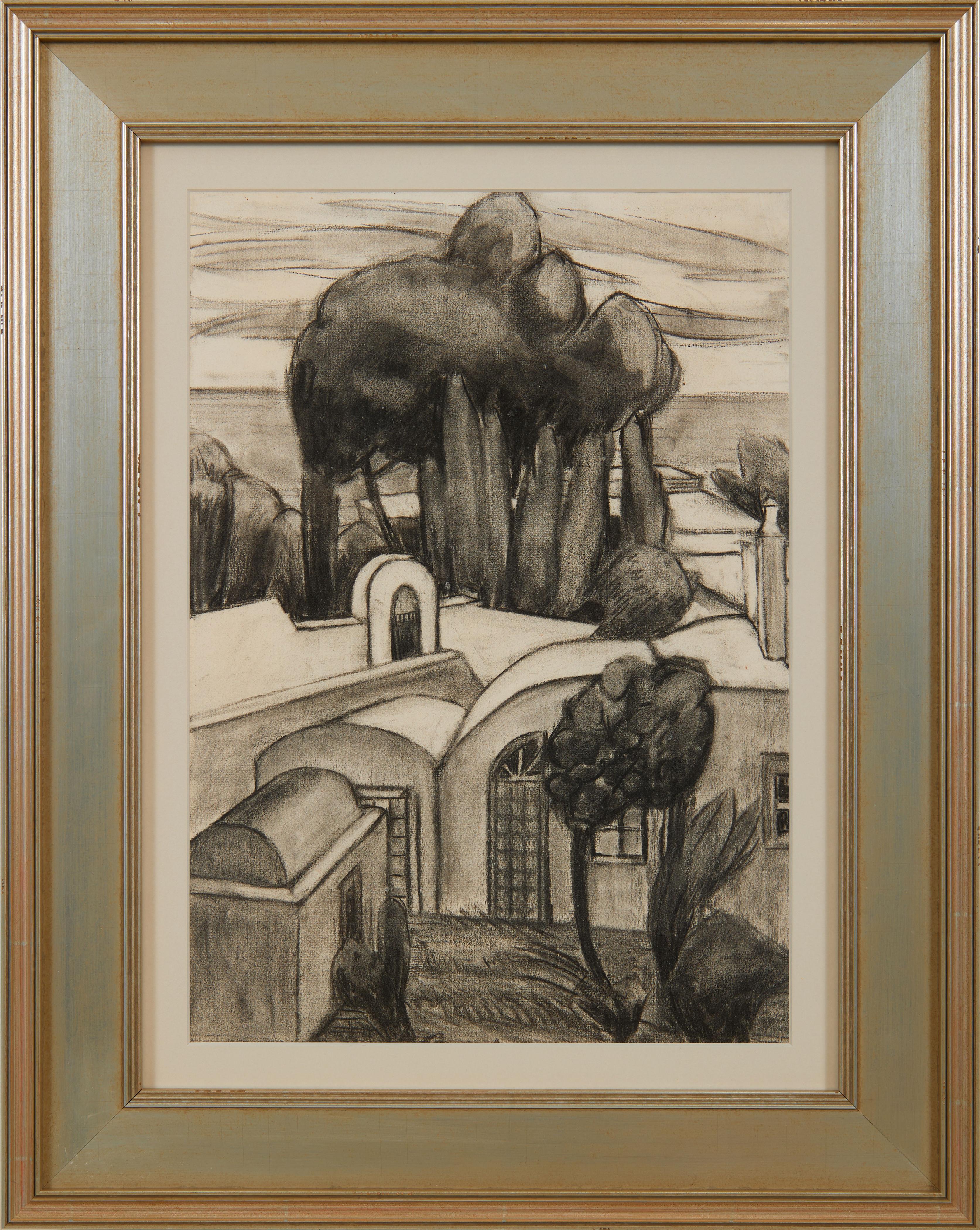 Landscape Art Clara Deike - Villa Giardino, dessin au fusain du 20e siècle par une artiste féminine de l
école de Cleveland