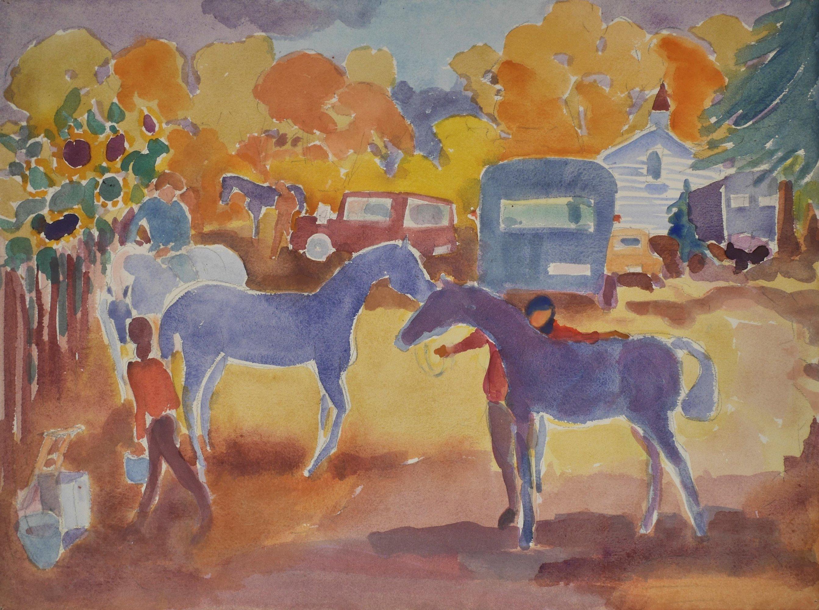 Algesa O'Sickey (American, 1917-2006)
Horse Show Preparations 
Watercolor and graphite on paper
Unsigned
18 x 24 inches
23.25 x 29 inches, framed

Born Algesa D’Agostino on June 4, 1917, Algesa was born in Uganda. In 1929 she moved to Cleveland