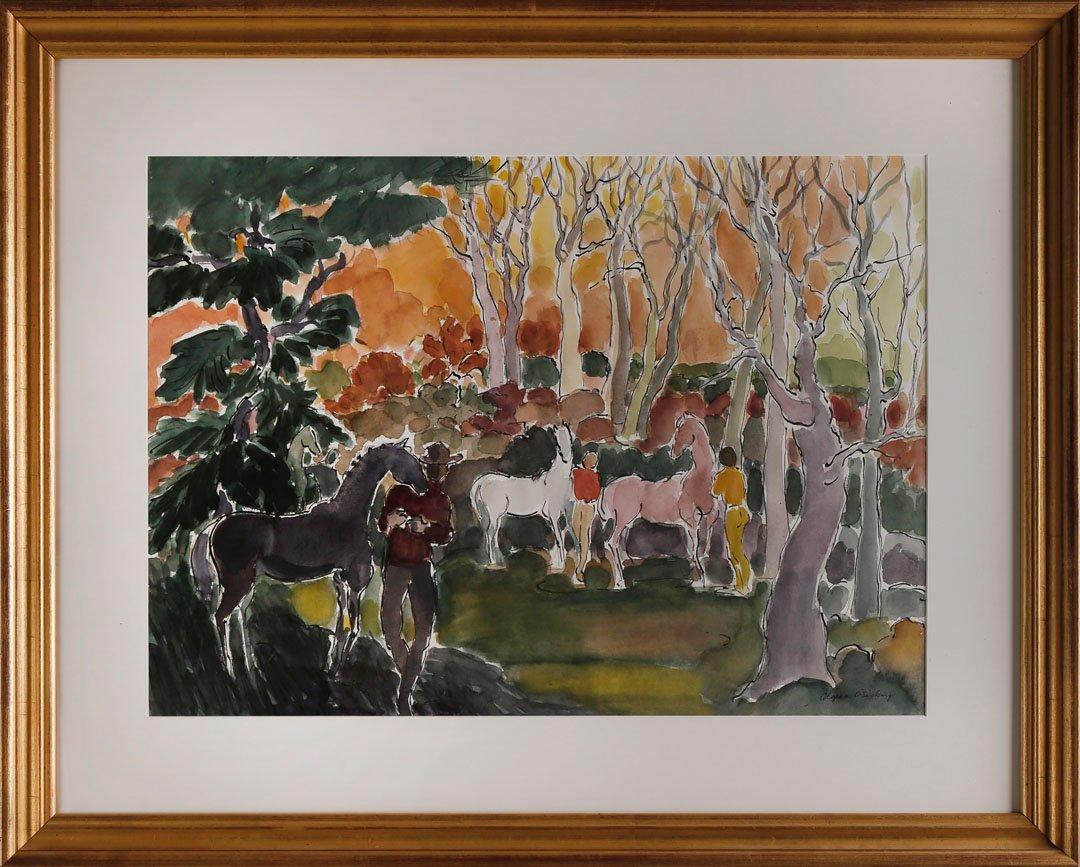Algesa O'Sickey (American, 1917-2006)
Horses and Trees
Watercolor on paper
Signed lower right
22 x 29.75 inches
25.25 x 33.25 inches, framed

Born Algesa D’Agostino on June 4, 1917, Algesa was born in Uganda. In 1929 she moved to Cleveland Heights