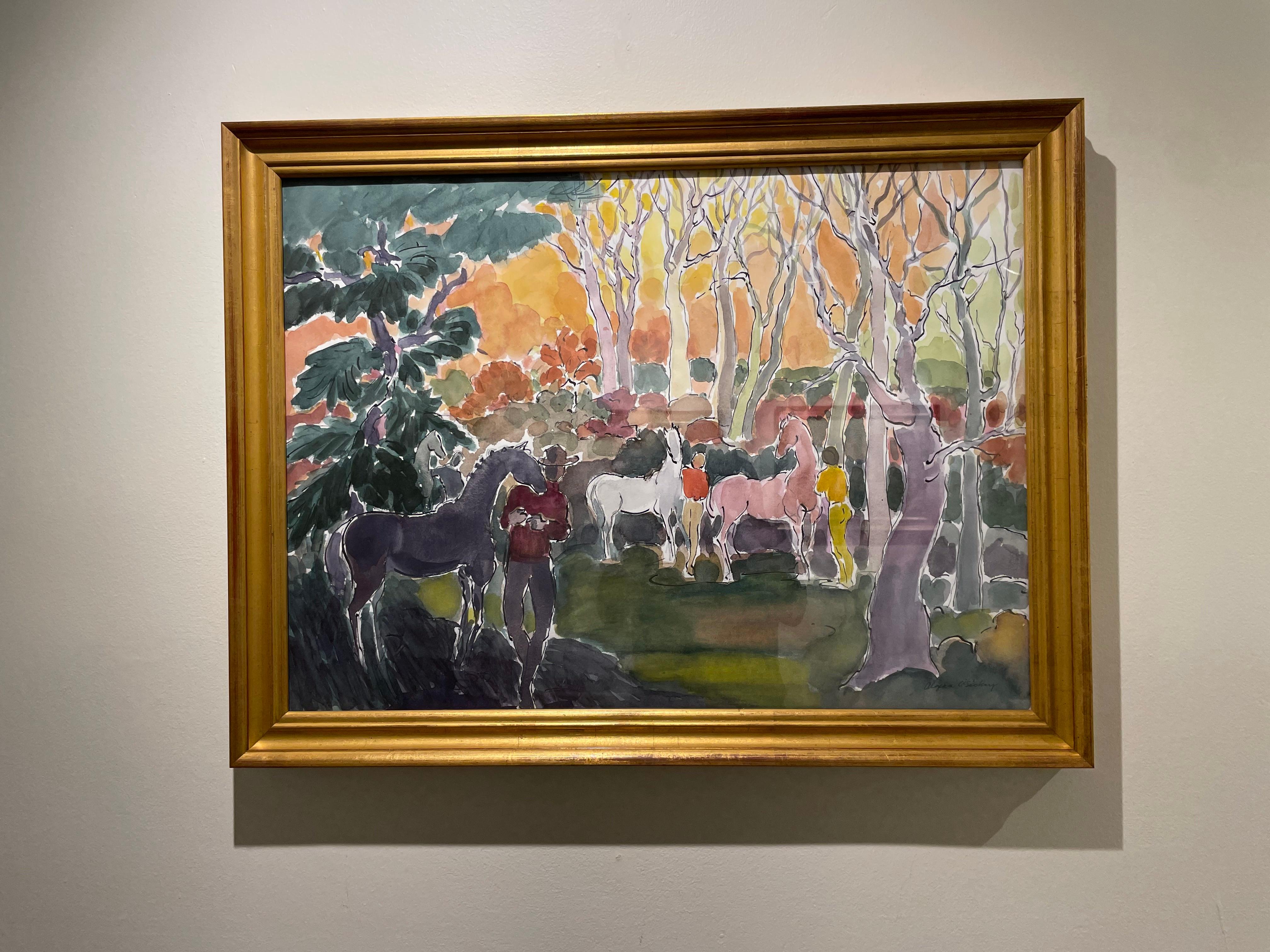 Horses & Trees, scène de paysage du 20e siècle, artiste féminine de l'école de Cleveland - Art de Algesa O'Sickey