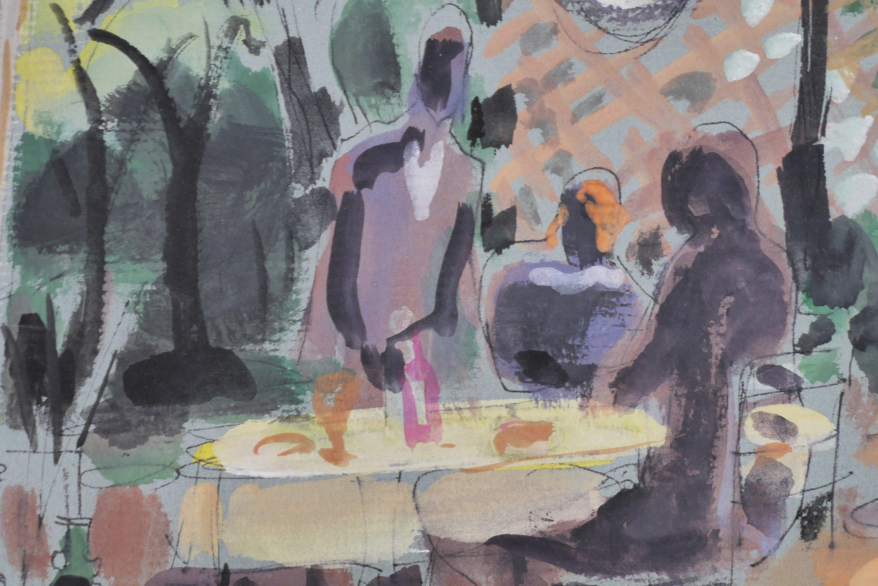 Algesa O'Sickey (Amerikanerin, 1917-2006)
Frau Gemälde
Aquarell und Tinte auf grünem Papier
Vorzeichenlos
9 x 12 Zoll
13,75 x 16 Zoll, gerahmt

Algesa D'Agostino, geboren am 4. Juni 1917, wurde in Uganda geboren. Im Jahr 1929 zog sie nach Cleveland