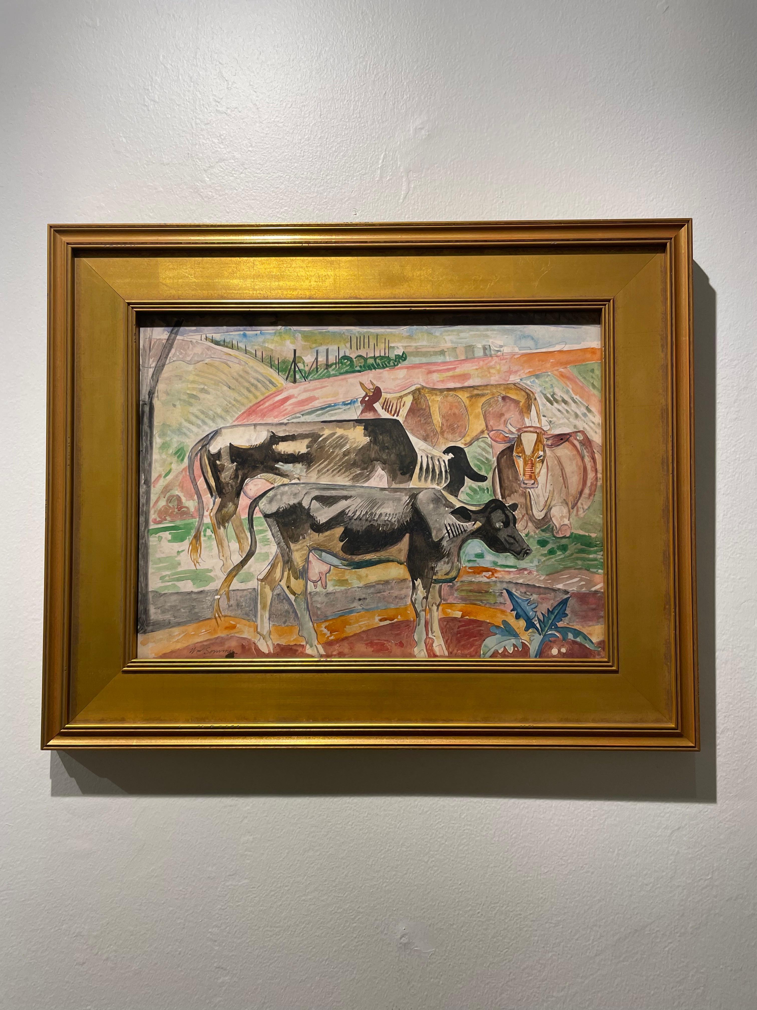 William Sommer (American, 1867-1949)
Cows in a Field
Watercolor on paper
Signed lower left
11.5 x 15.5 inches
17.5 x 21.5 inches, framed

William Sommer is seen as a key person in bringing European modernism to Northeast Ohio. He was born in