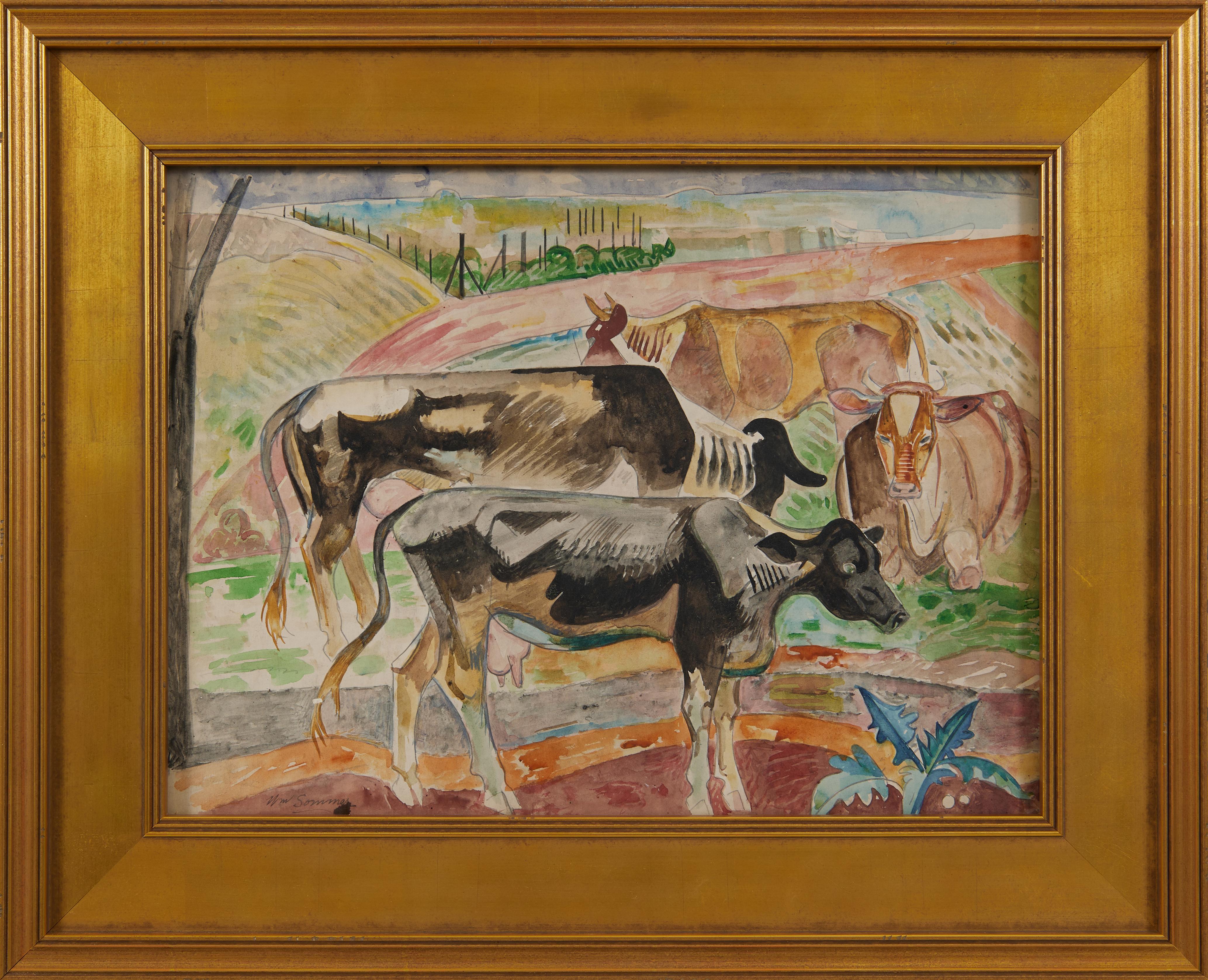 Cows in a Field, Early 20th Century American Modernist Landscape Watercolor - Art by William Sommer