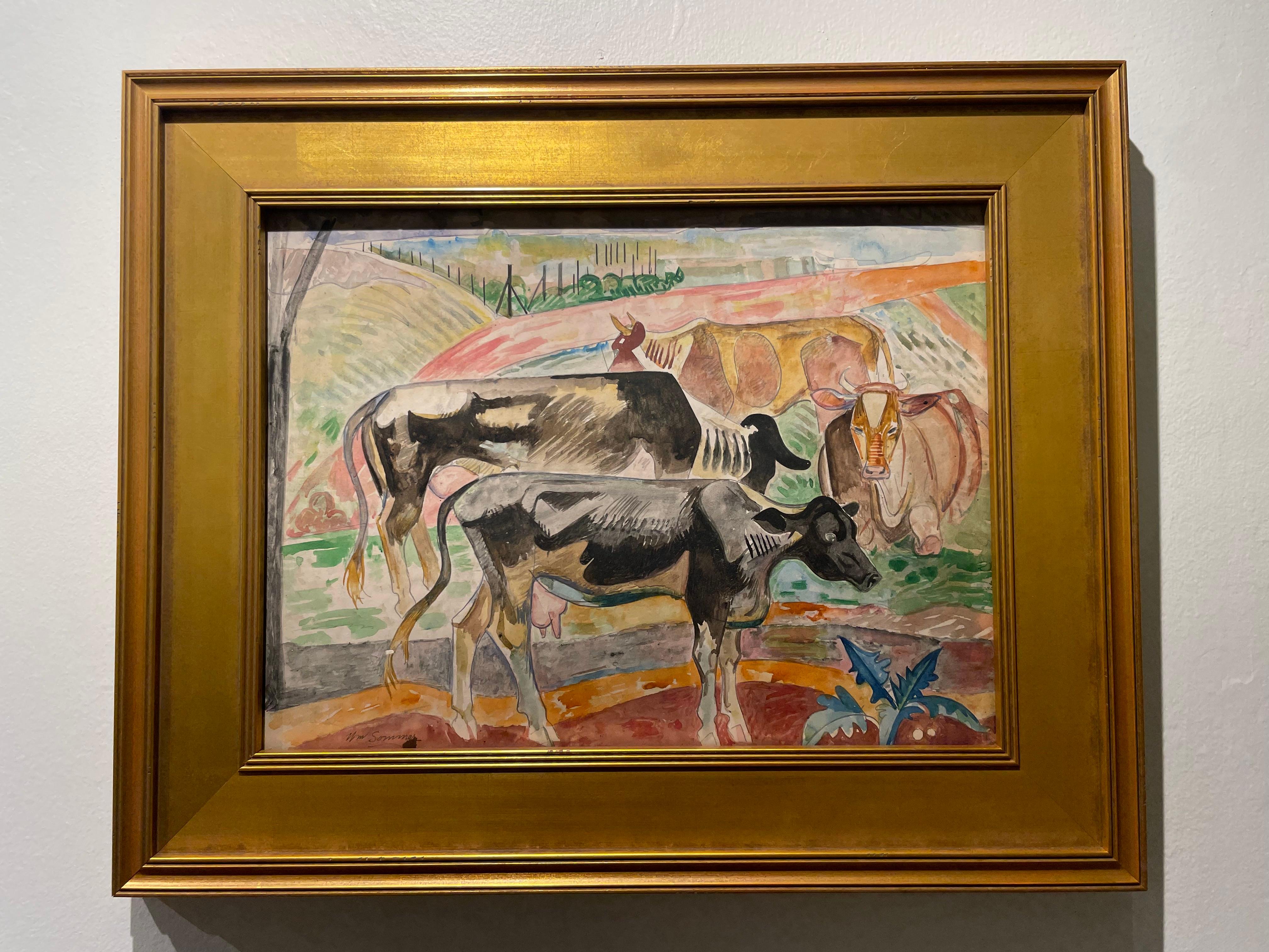 Cows in a Field, Early 20th Century American Modernist Landscape Watercolor For Sale 1