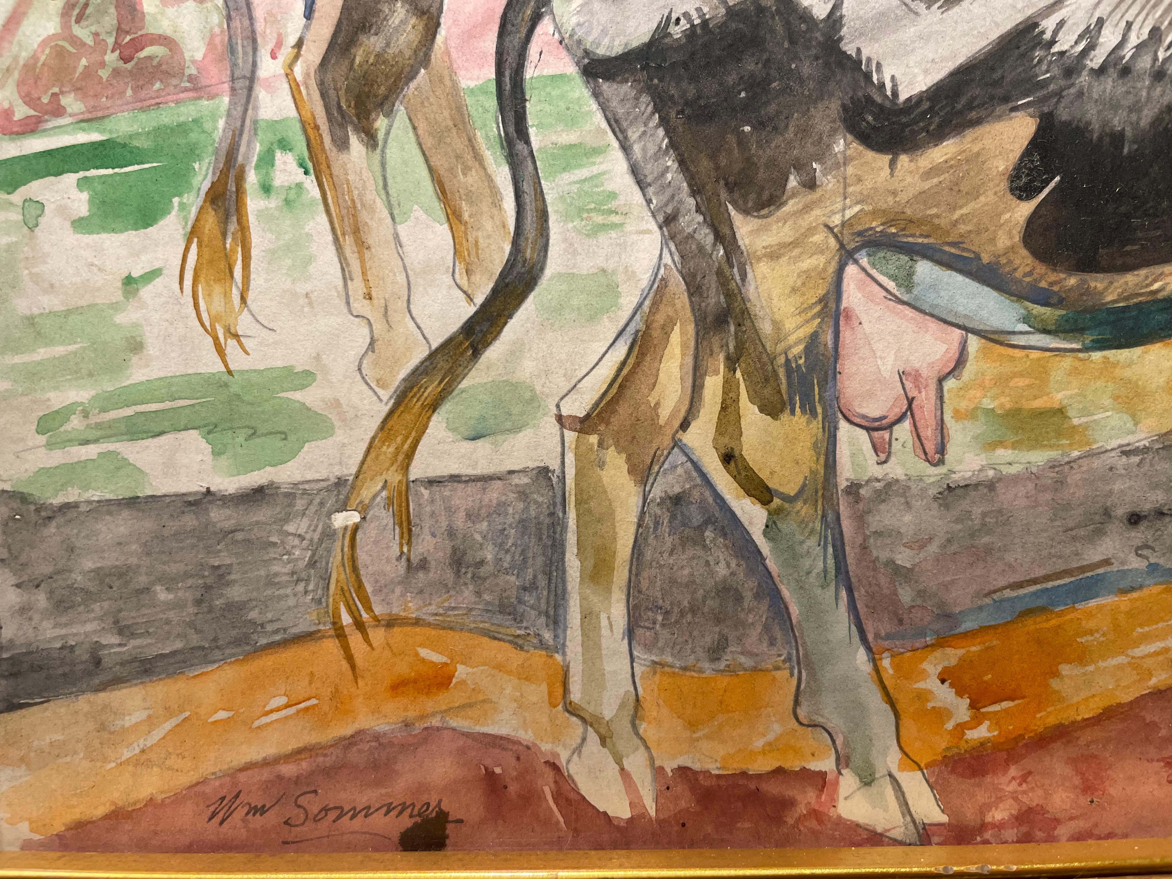 Cows in a Field, Early 20th Century American Modernist Landscape Watercolor For Sale 2