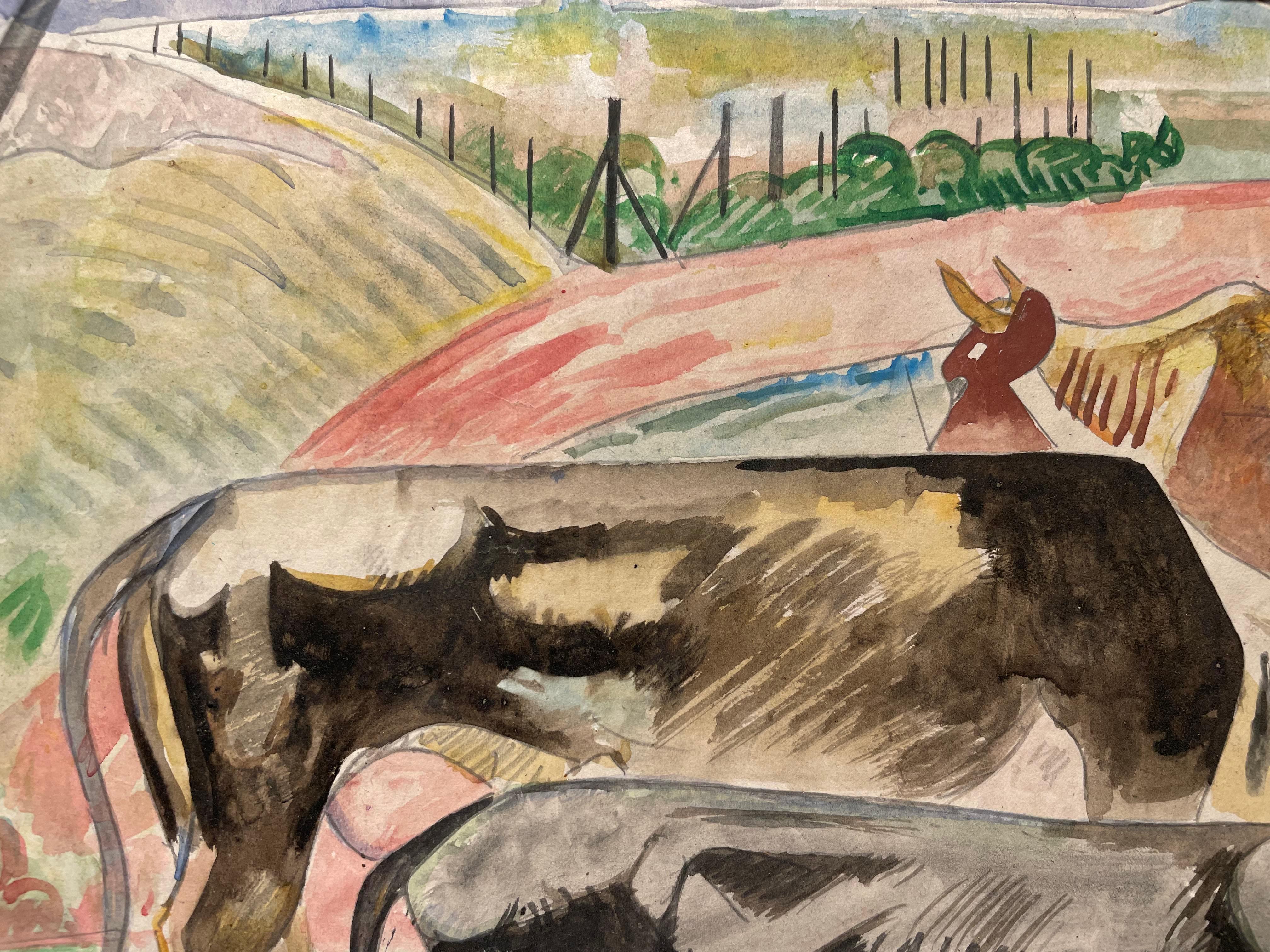 Cows in a Field, Early 20th Century American Modernist Landscape Watercolor For Sale 5