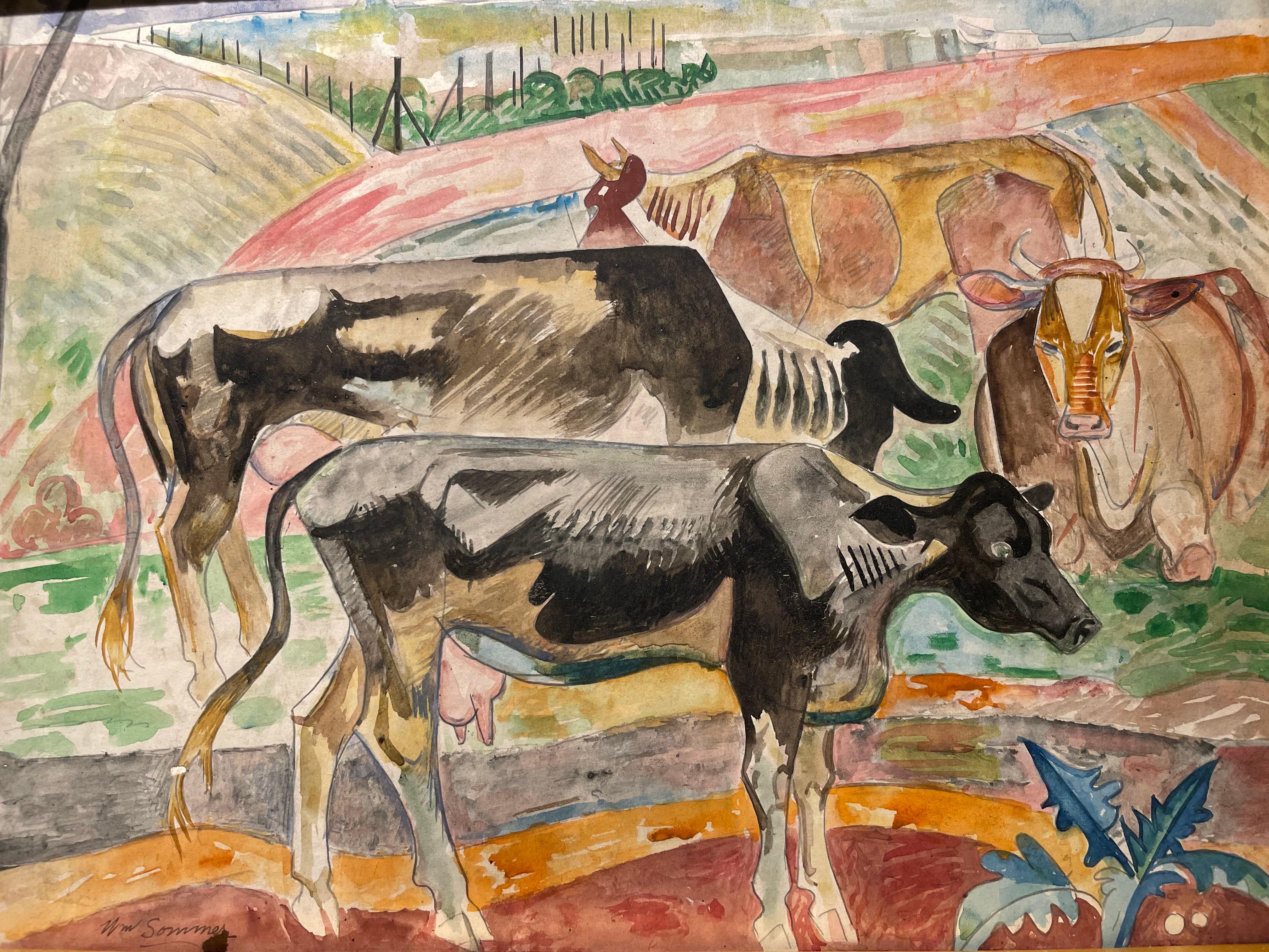 Cows in a Field, Early 20th Century American Modernist Landscape Watercolor For Sale 3