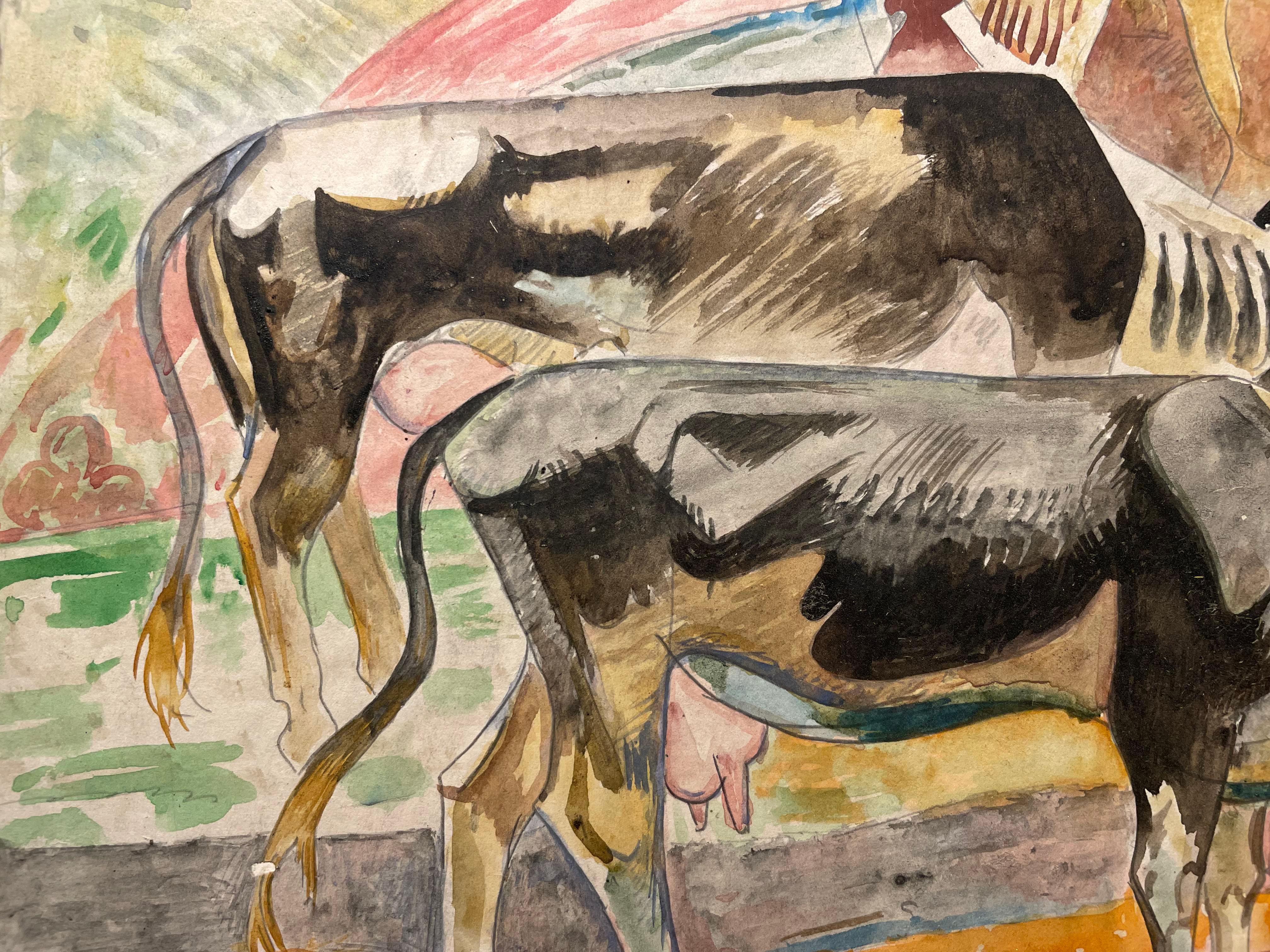 Cows in a Field, Early 20th Century American Modernist Landscape Watercolor For Sale 4