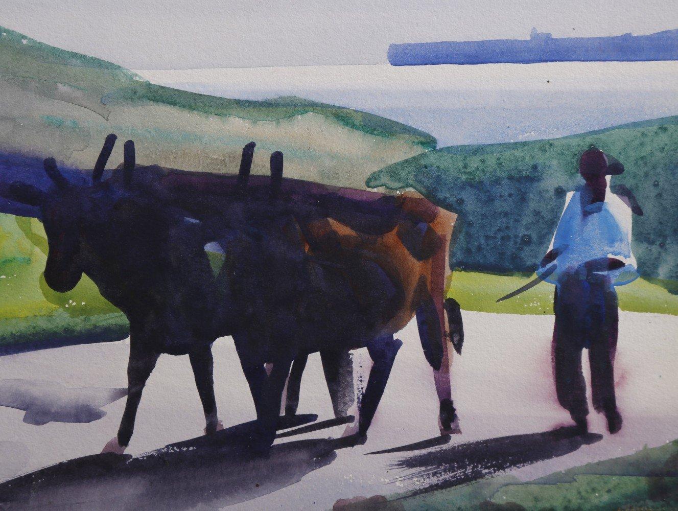 Bueyes en la carretera, Gaspé, Canadá, principios del siglo XX Escuela de Cleveland - Art de Frank Wilcox