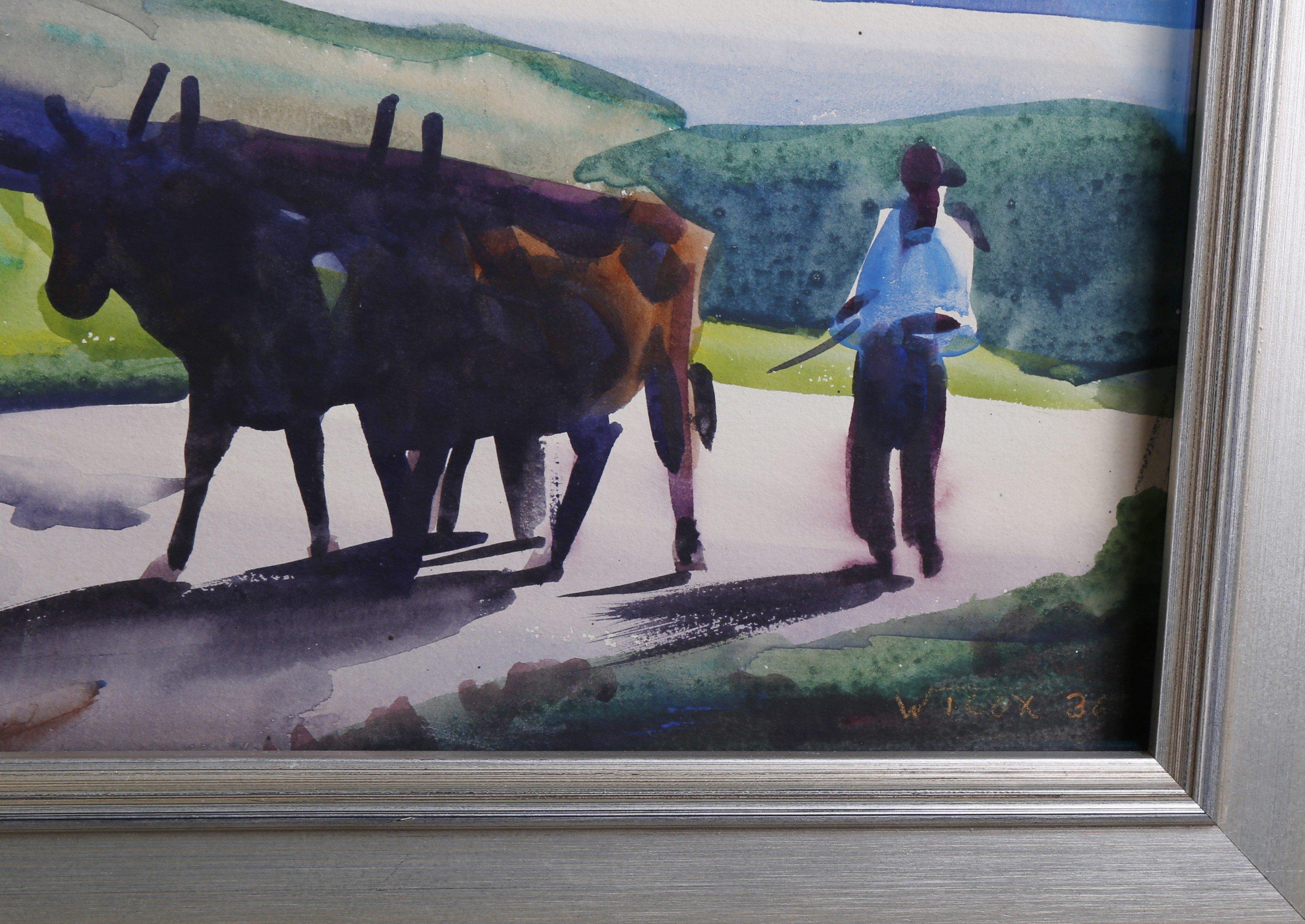 Bueyes en la carretera, Gaspé, Canadá, principios del siglo XX Escuela de Cleveland - Landscape Art Beige de Frank Wilcox
