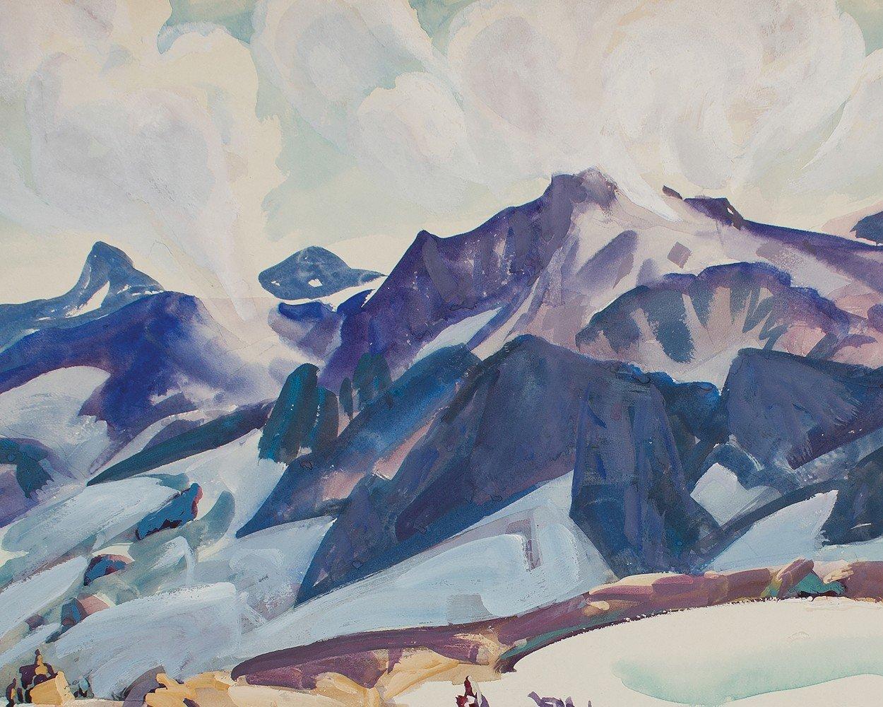 Construction on the Pass, Montana, milieu du 20e siècle, artiste de l'école de Cleveland - Gris Landscape Art par Frank Wilcox