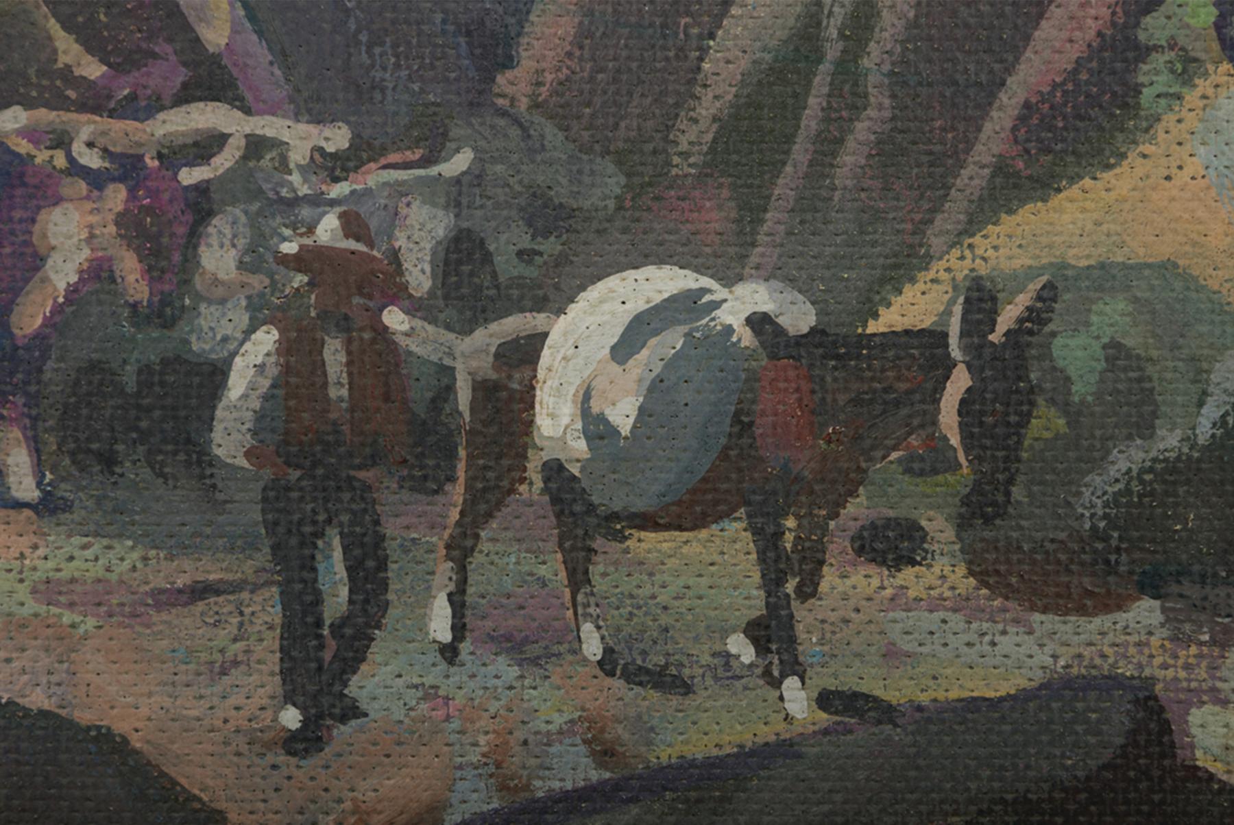 Frank Nelson Wilcox (Américain, 1887-1964)
Chariot tiré par des bœufs et des mules sur la piste, 1949
Huile sur carton
Signé et daté en bas à droite 
22 x 30 pouces


Frank Nelson Wilcox (3 octobre 1887 - 17 avril 1964) était un artiste américain