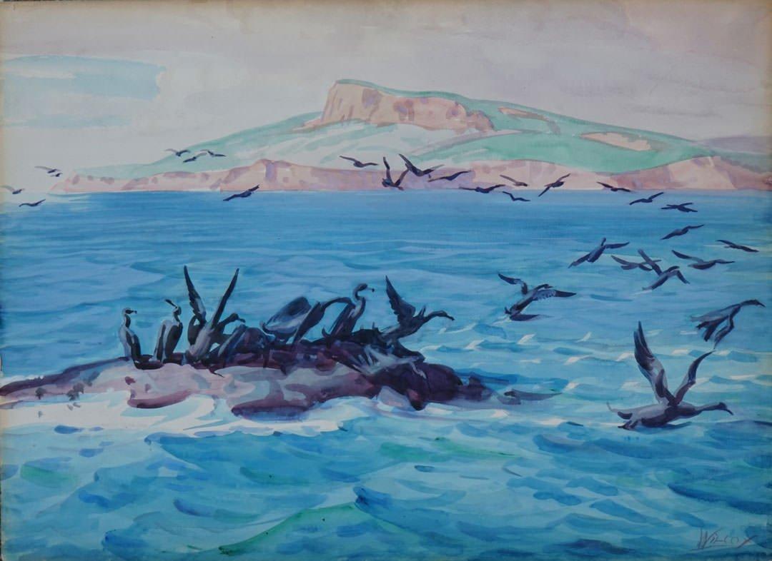 Landscape Art di Frank Wilcox - Cormorant Rock, Gaspé, Canada, metà del XX secolo, Artista della Scuola di Cleveland