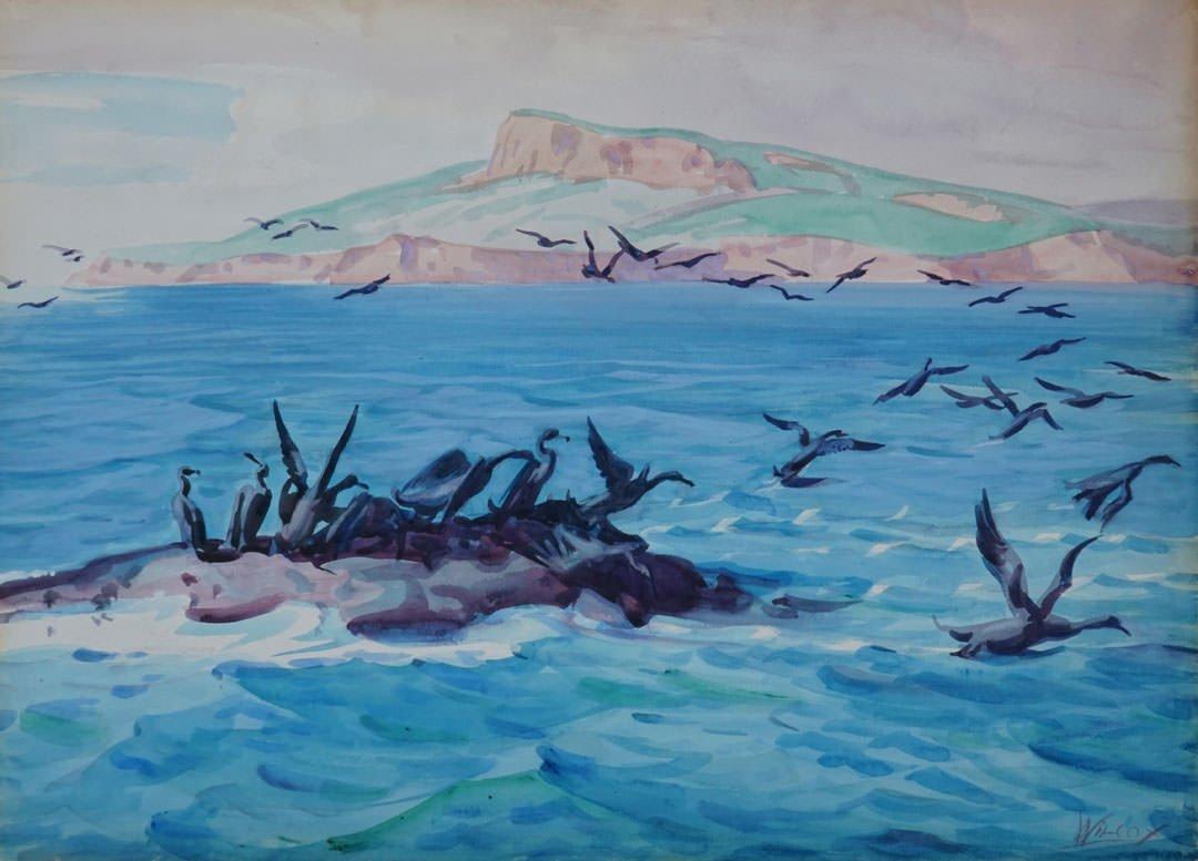 Cormorant Rock, Gaspé, Canada, metà del XX secolo, Artista della Scuola di Cleveland - Landscape Art Blu di Frank Wilcox