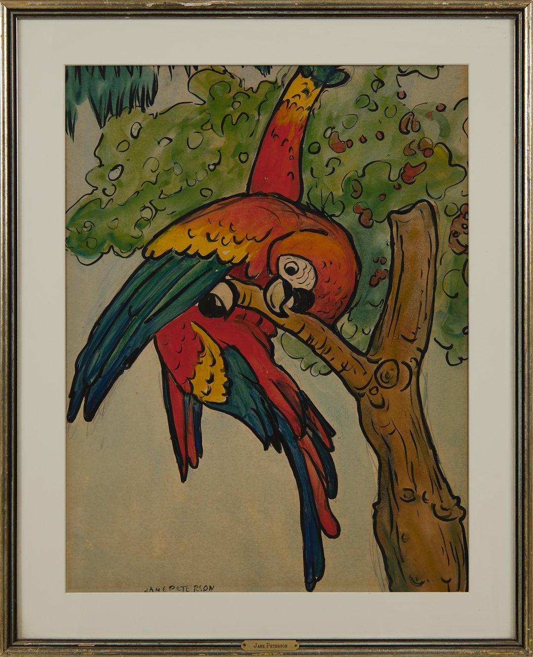 Pappagallo, acquerello del XX secolo di un'artista donna di New York - Art di Jane Peterson