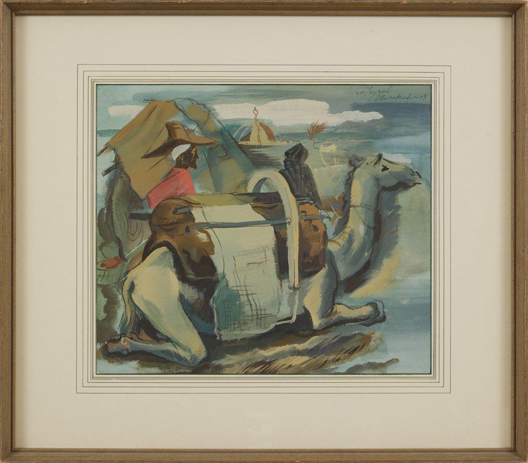 Acuarela de principios del siglo XX de una escena de Marrakech, Artista de la Escuela de Cleveland - Animal Art Gris de John Teyral