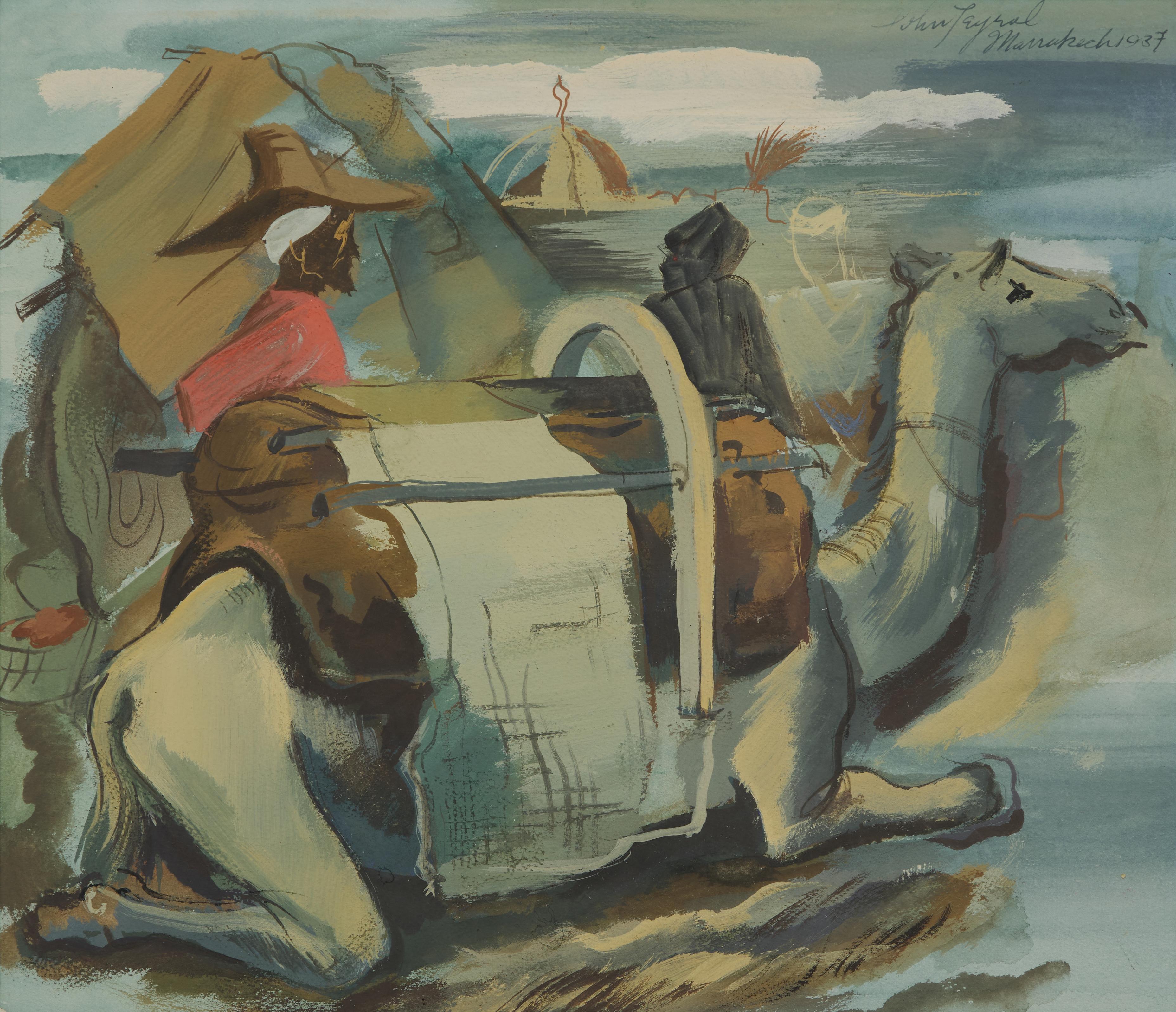 Aquarelle du début du 20e siècle représentant une scène de Marrakech, artiste de l'école de Cleveland