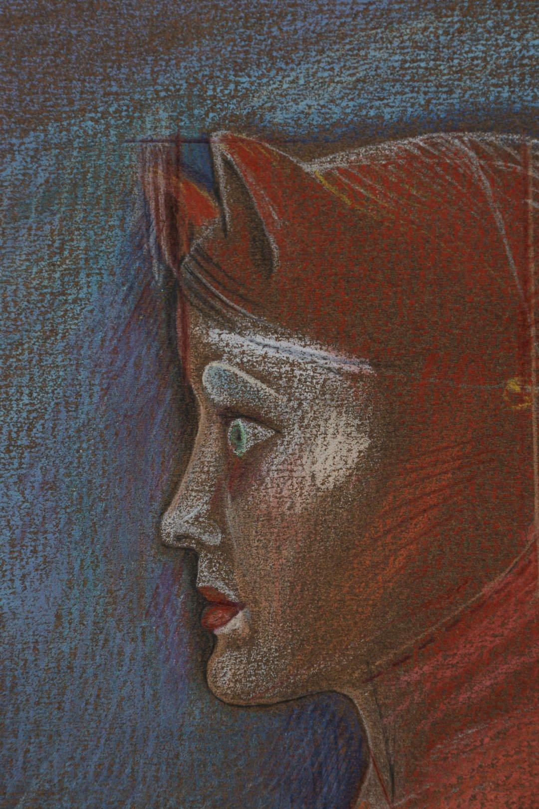 Sphinx und Mond (Selbstporträt) 1980er Jahre Pastell, Künstler der Cleveland School (Surrealismus), Art, von Mary Spain
