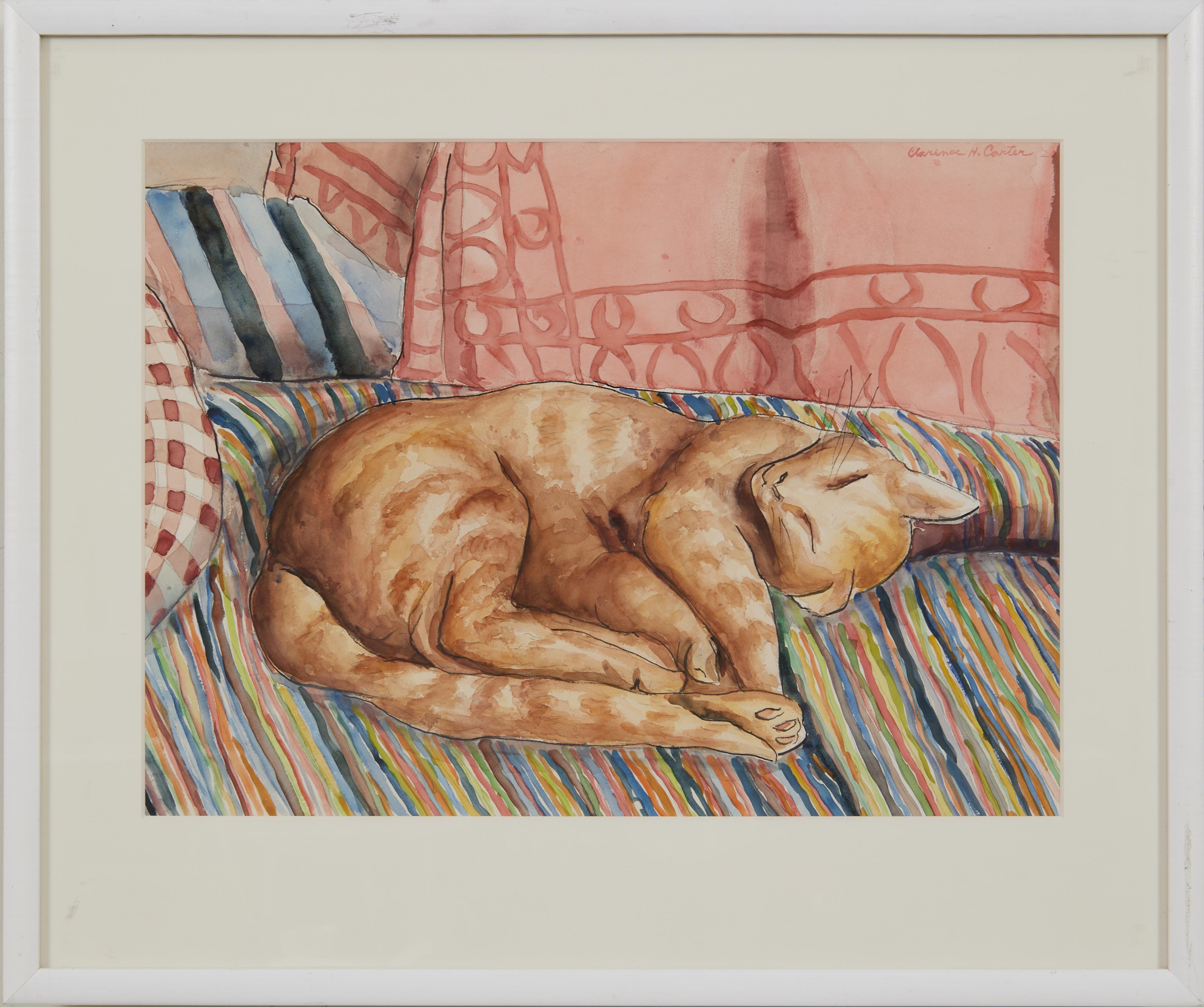 Gato dormido, principios del siglo XX, Artista de la Escuela de Cleveland - Animal Art Beige de Clarence Holbrook Carter