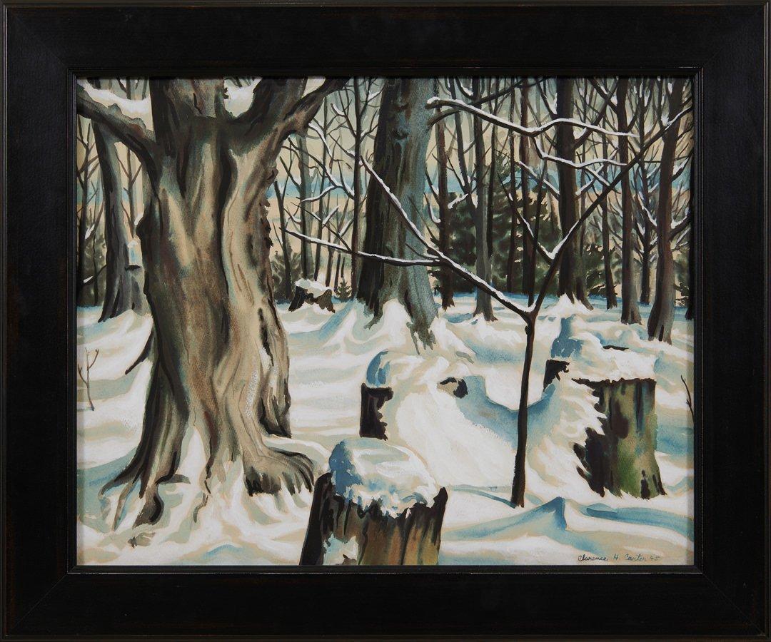 Nieve en el bosque, Paisaje invernal de mediados de siglo, Artista de la Escuela de Cleveland - Landscape Art Negro de Clarence Holbrook Carter