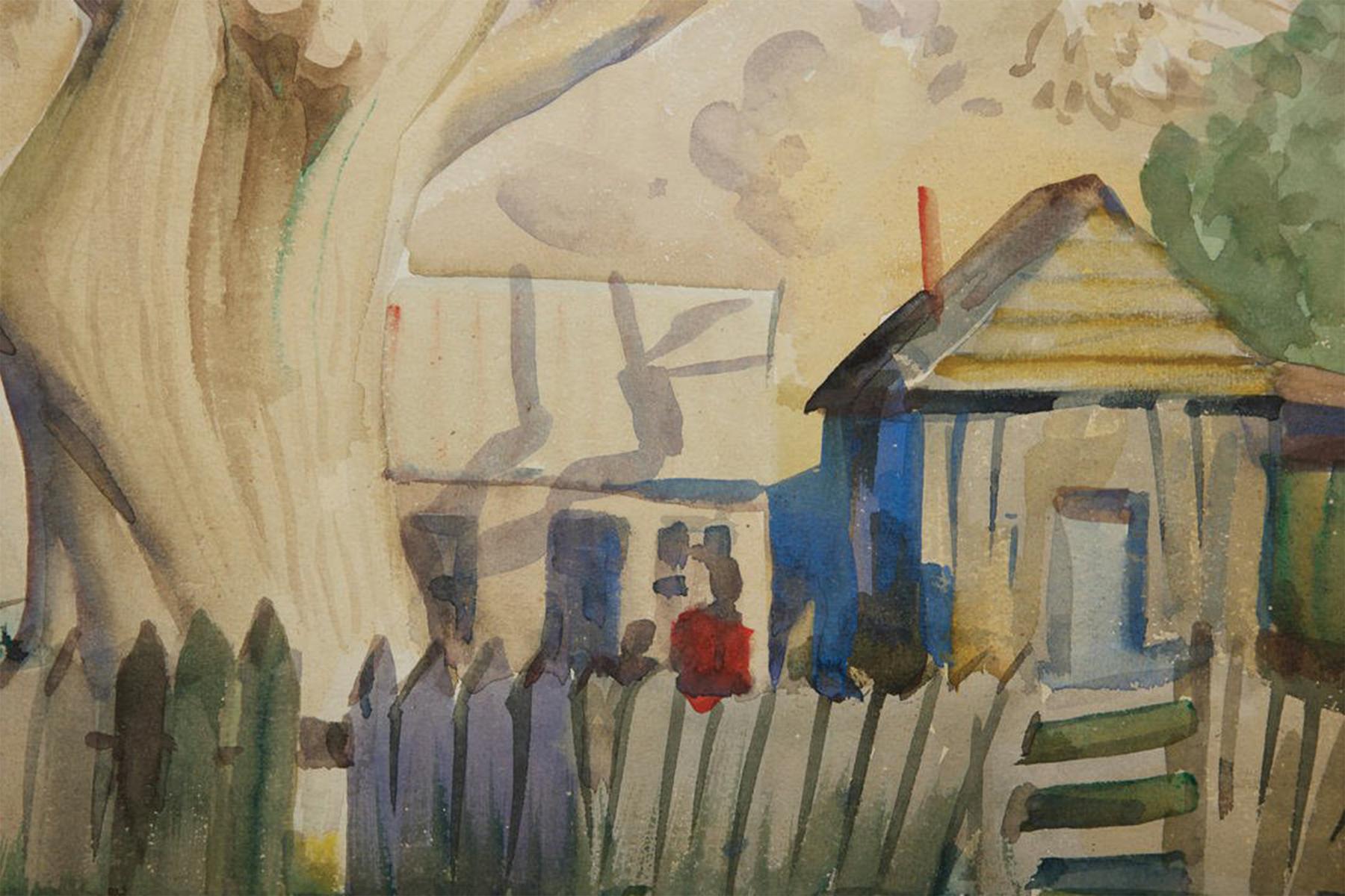 Frank Nelson Wilcox (Amerikaner, 1887-1964)
Zwei alte Pekannussbäume, 1932
Aquarell auf Papier auf Karton aufgezogen
Signiert unten rechts
21 x 28,25 Zoll
27 x 35,25 Zoll, wie gerahmt 
Ausgestellt: 1932  Mai-Ausstellung (1. Platz) Cleveland Museum
