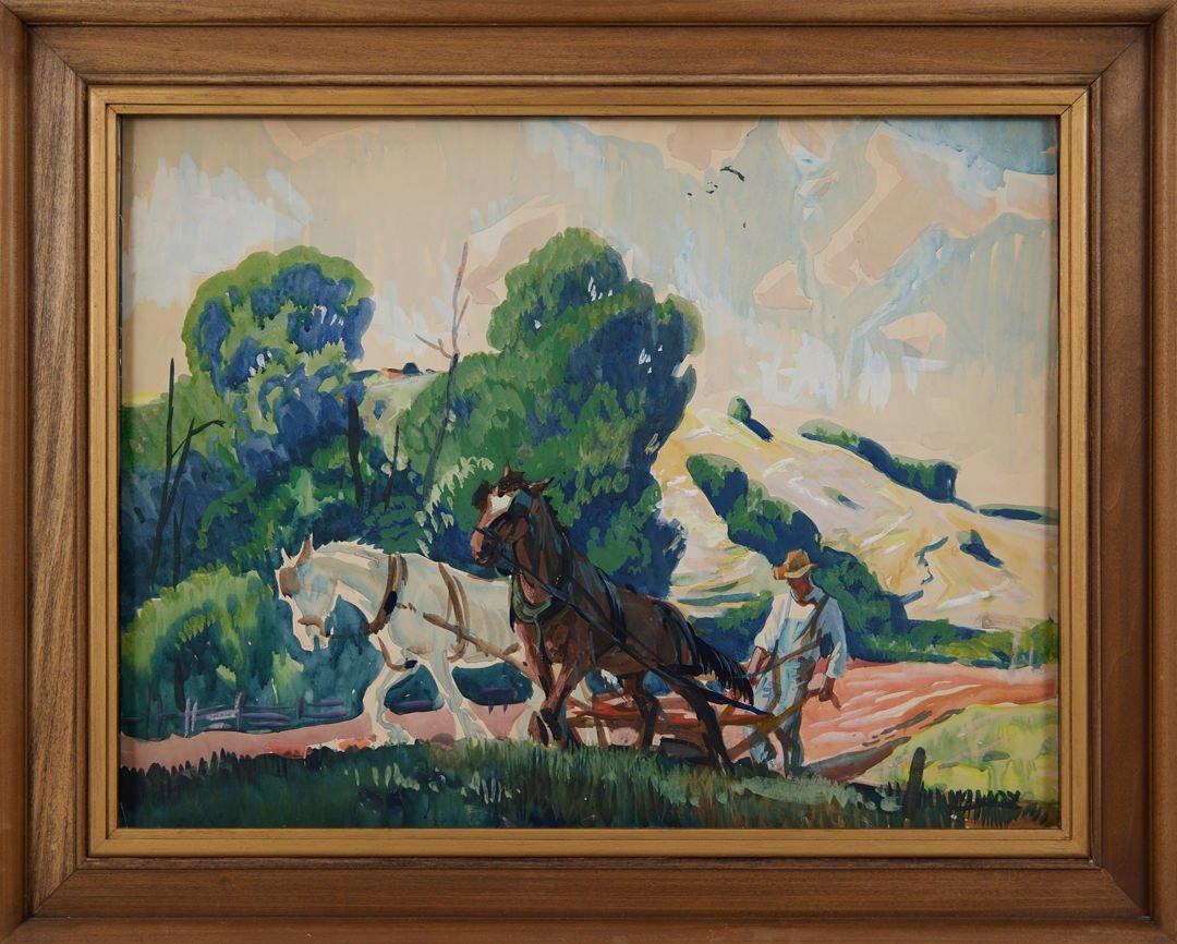 Plowman, Brecksville, Ohio, paysage de ferme du début du 20e siècle, Cleveland School - Art de Frank Wilcox