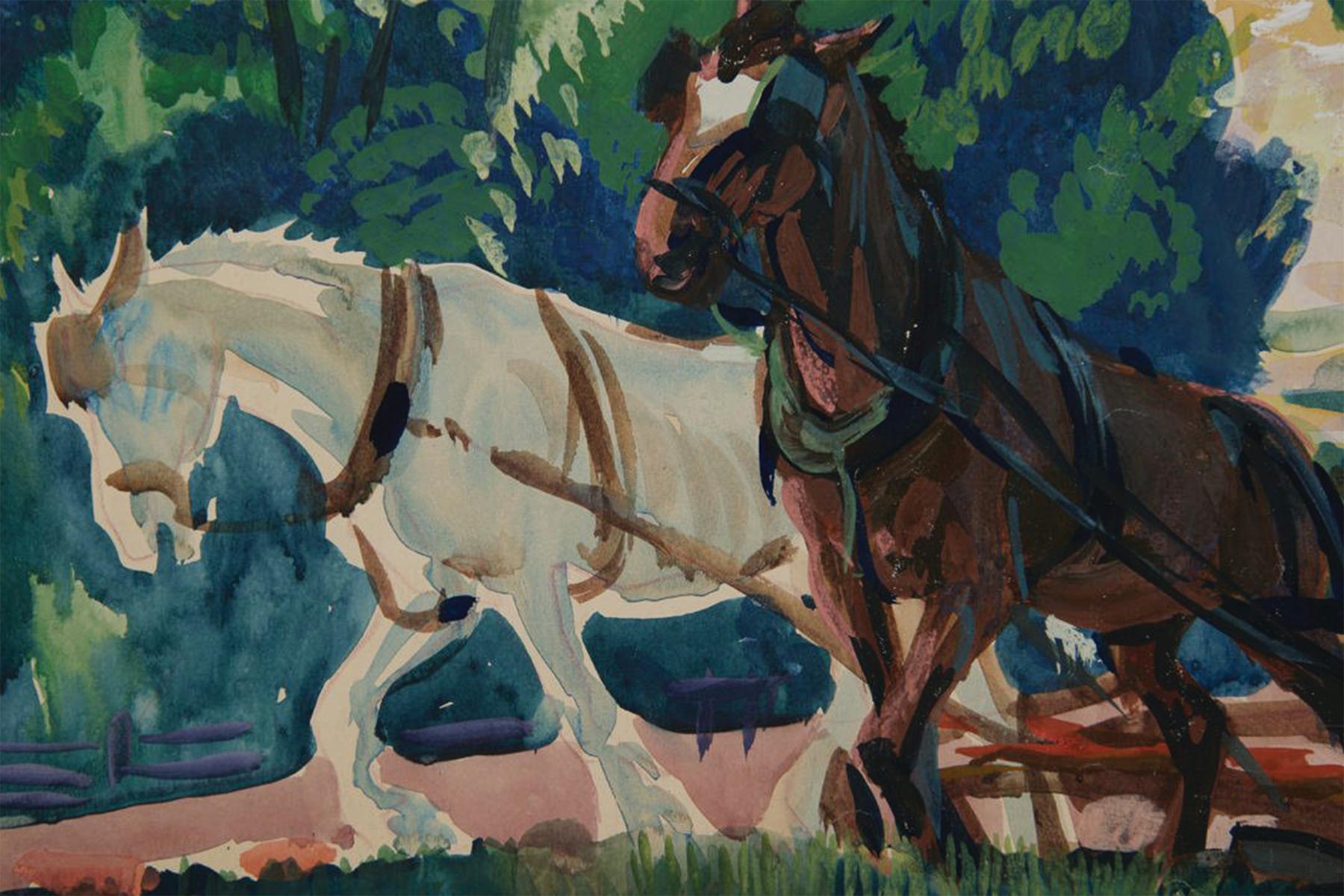 Plowman, Brecksville, Ohio, paysage de ferme du début du 20e siècle, Cleveland School - Gris Figurative Art par Frank Wilcox