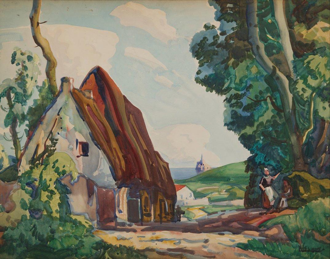 Maison dans le village, Mt. St. Michel, France, début du 20e siècle École de Cleveland - Art de Frank Wilcox