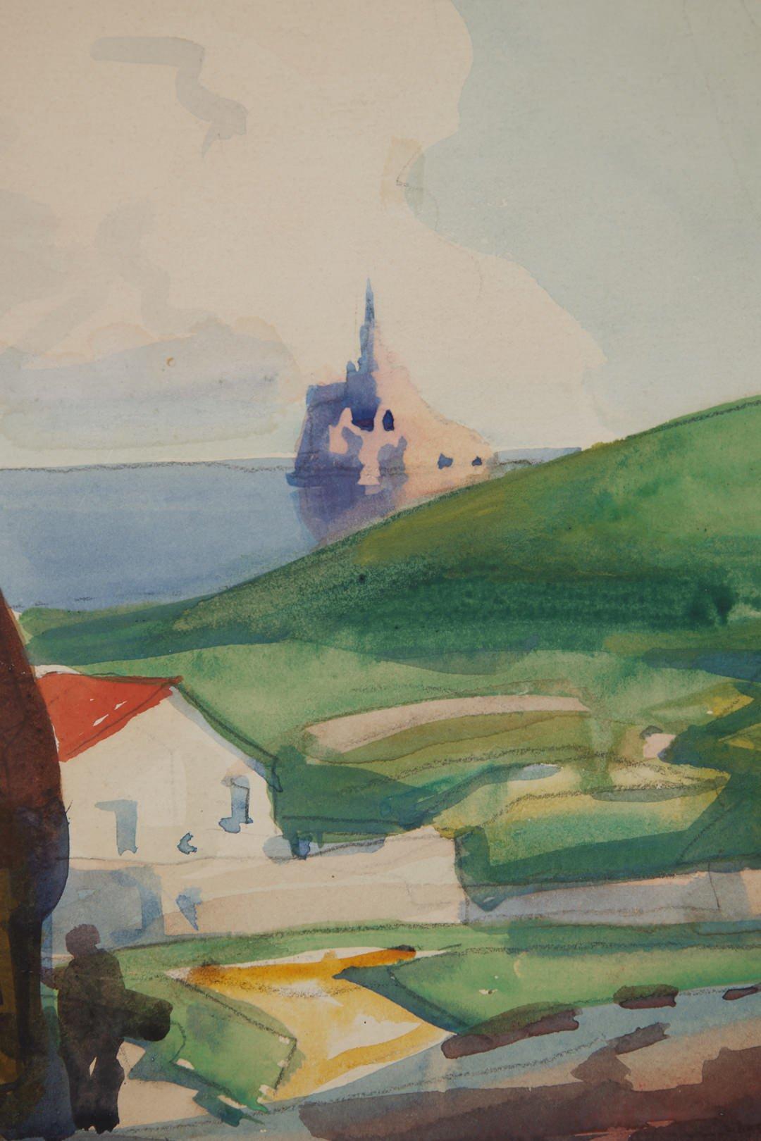 Maison dans le village, Mt. St. Michel, France, début du 20e siècle École de Cleveland - Marron Landscape Art par Frank Wilcox