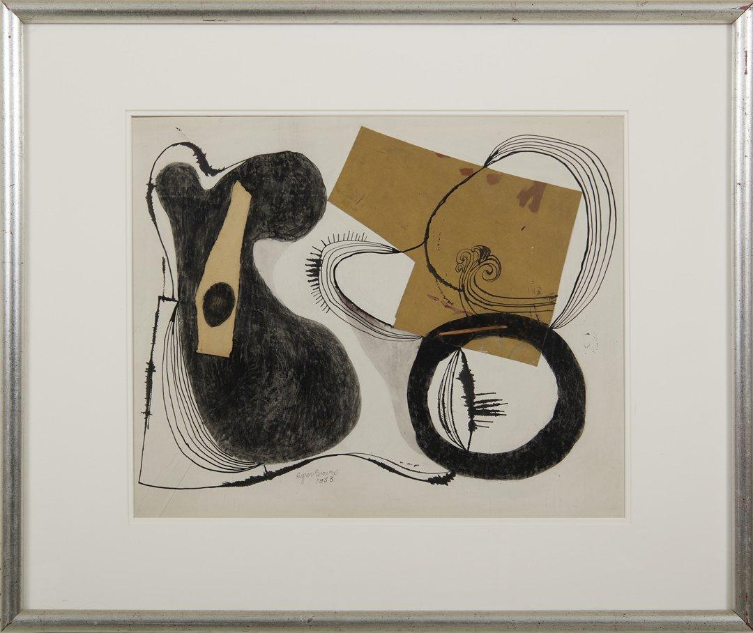 Byron Browne (American, 1907-1961)
Abstract Collage, 1933
Collage, charcoal and ink on paper
Signed and dated lower middle
16 x 19.5 inches
24 x 29 inches, framed

Byron Browne was a central figure in many of the artistic and political groups that