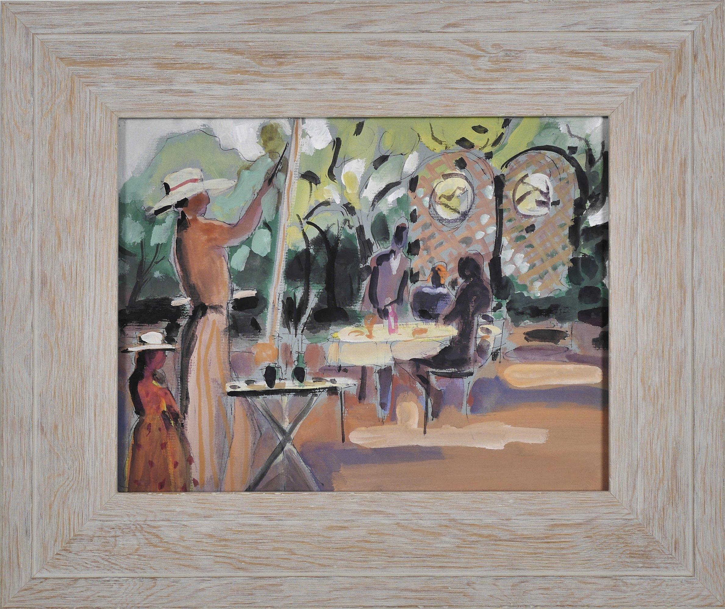 Pintura de escena de jardín al aire libre de mujer, finales del s. XX Artista femenina de Cleveland - Landscape Art Gris de Algesa O'Sickey