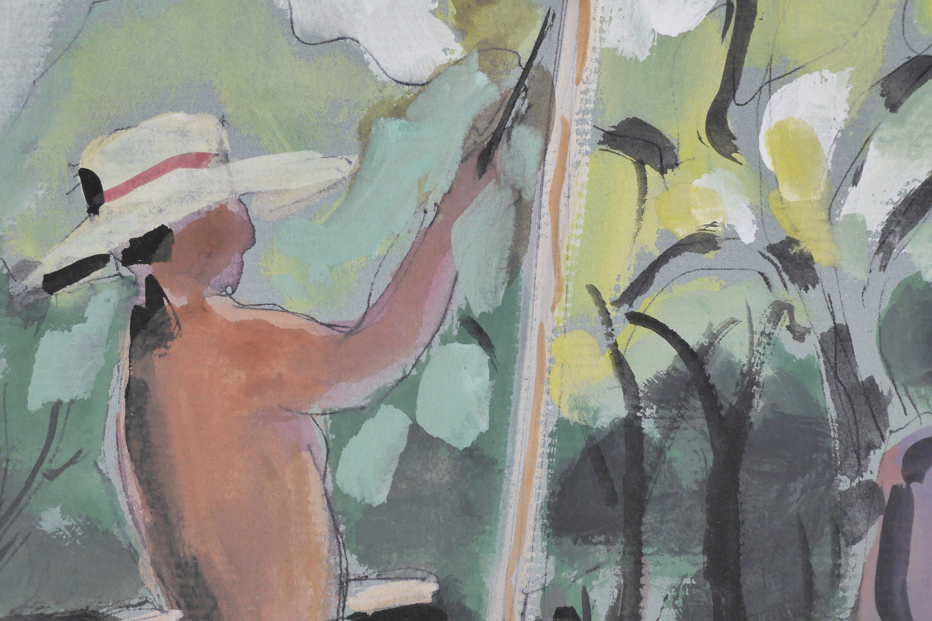 Pintura de escena de jardín al aire libre de mujer, finales del s. XX Artista femenina de Cleveland en venta 1