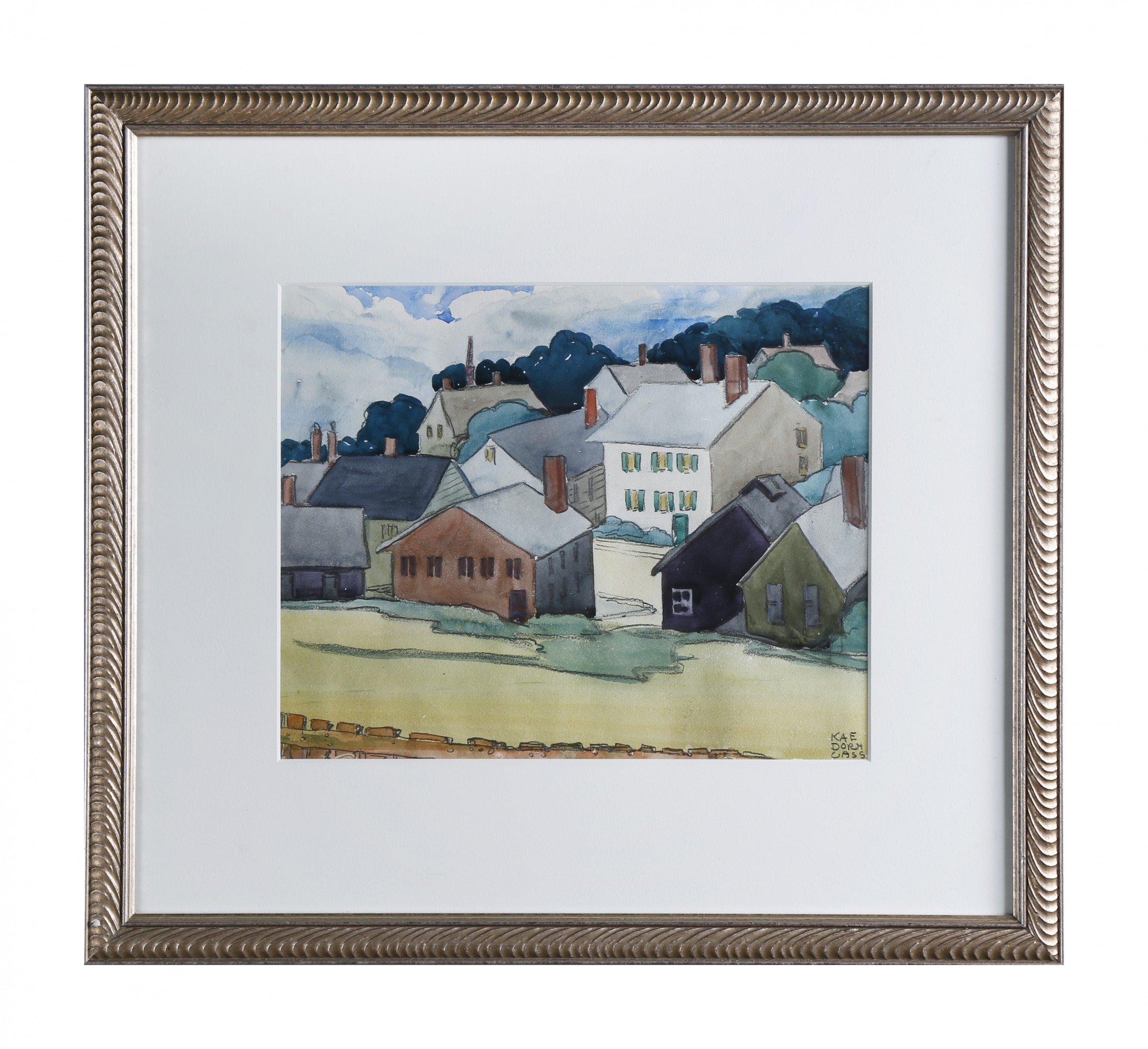 New England Coastal Town Landscape w/ Houses, Cleveland School Woman Artist - Gray Figurative Art by Kae Dorn Cass