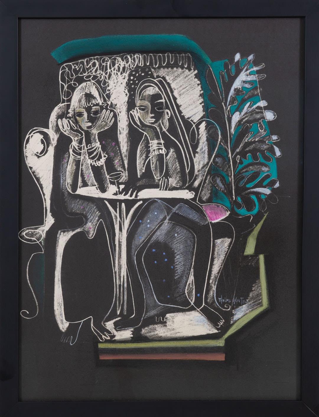 Sul balcone, due donne sedute a tavola, Donna Cleveland Artista - Painting di Thelma Frazier Winter